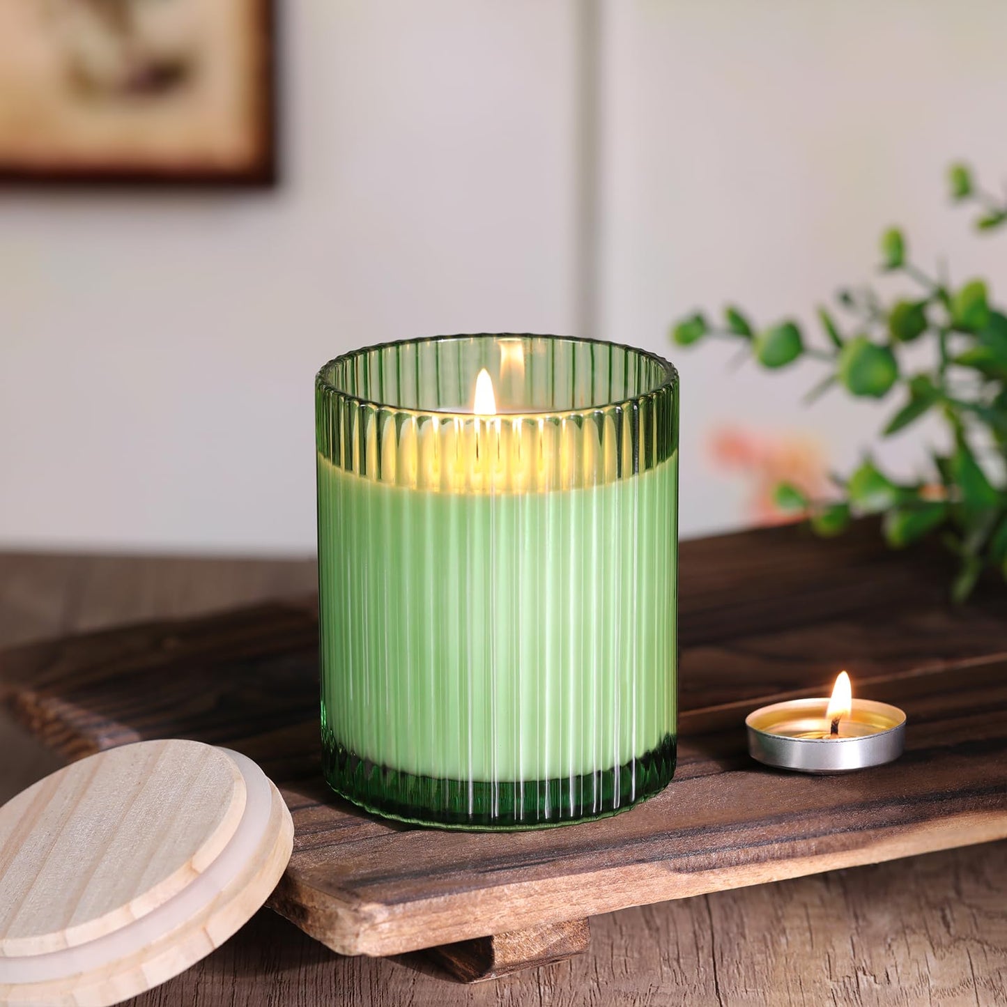 sunnyfuture 10 OZ Green Candle Jars for Making Candles Set of 8, Ribbed Glass Candle Jars with Wood Lids and Labels, Candle Containers for DIY, Gifts, Home Decoration