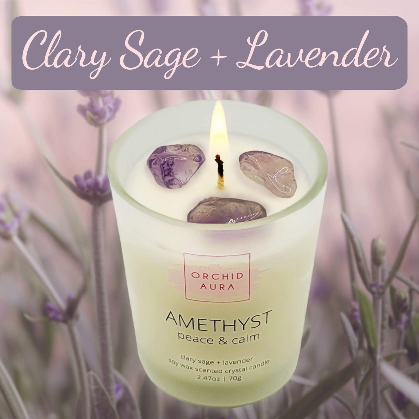 ORCHID AURA Soy Candles with Healing Crystals. Citrine, Rose Quartz, Amethyst Crystal. Eucalyptus + Lemongrass, Jasmine + Sandalwood, Clary Sage + Lavender. 3PC Scented Crystal Candle Set, 2.47oz Each