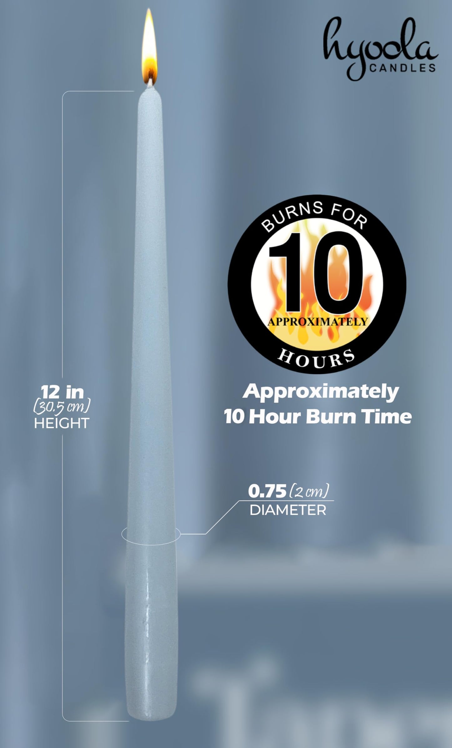 Hyoola Tall Taper Candles - 12 Inch Ice Blue Unscented Dripless Taper Candles - 10 Hour Burn Time - 12 Pack