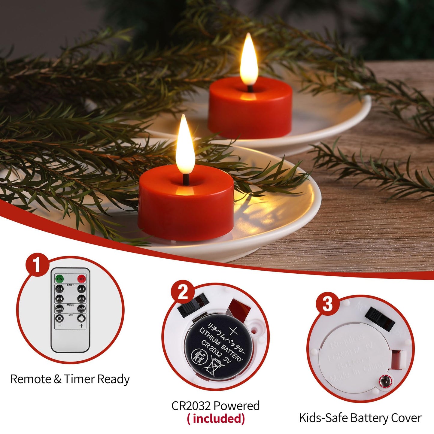 Eywamage Red Flameless Tealights with Remote Batteries, Flickering LED Tea Lights Votive Candles Proposal Decor Set of 12