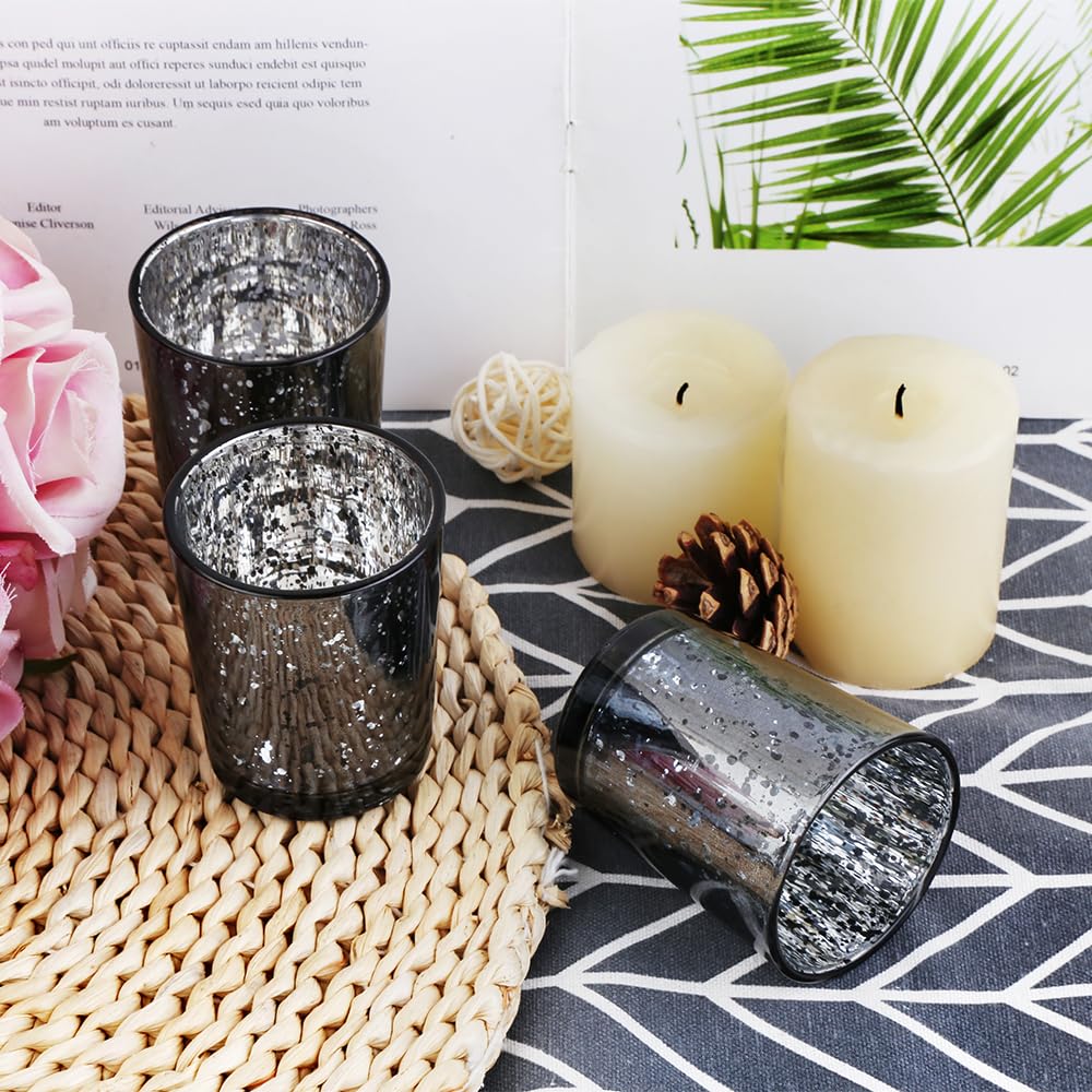 BTGLLAS Black Mercury Glass Tea Light Holders Set of 36 - Elegant Votive Candle Holders for Weddings, Showers and Home Decor - Perfect for Table Centerpieces and Parties (Glass, Black)