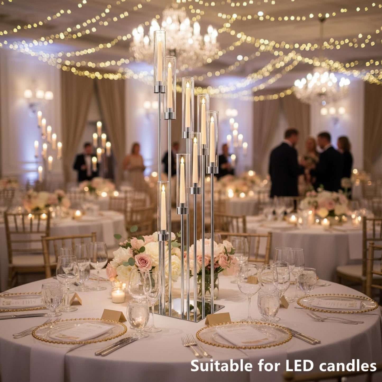 Floor Candelabra Wedding Centerpiece, 45.3'' Tall Floor Candle Holder Set, 8-arm Silver Metal Candlestick Holders with Acrylic Shades, LED Taper Candle Holder Stand for Party Wedding Home Decor