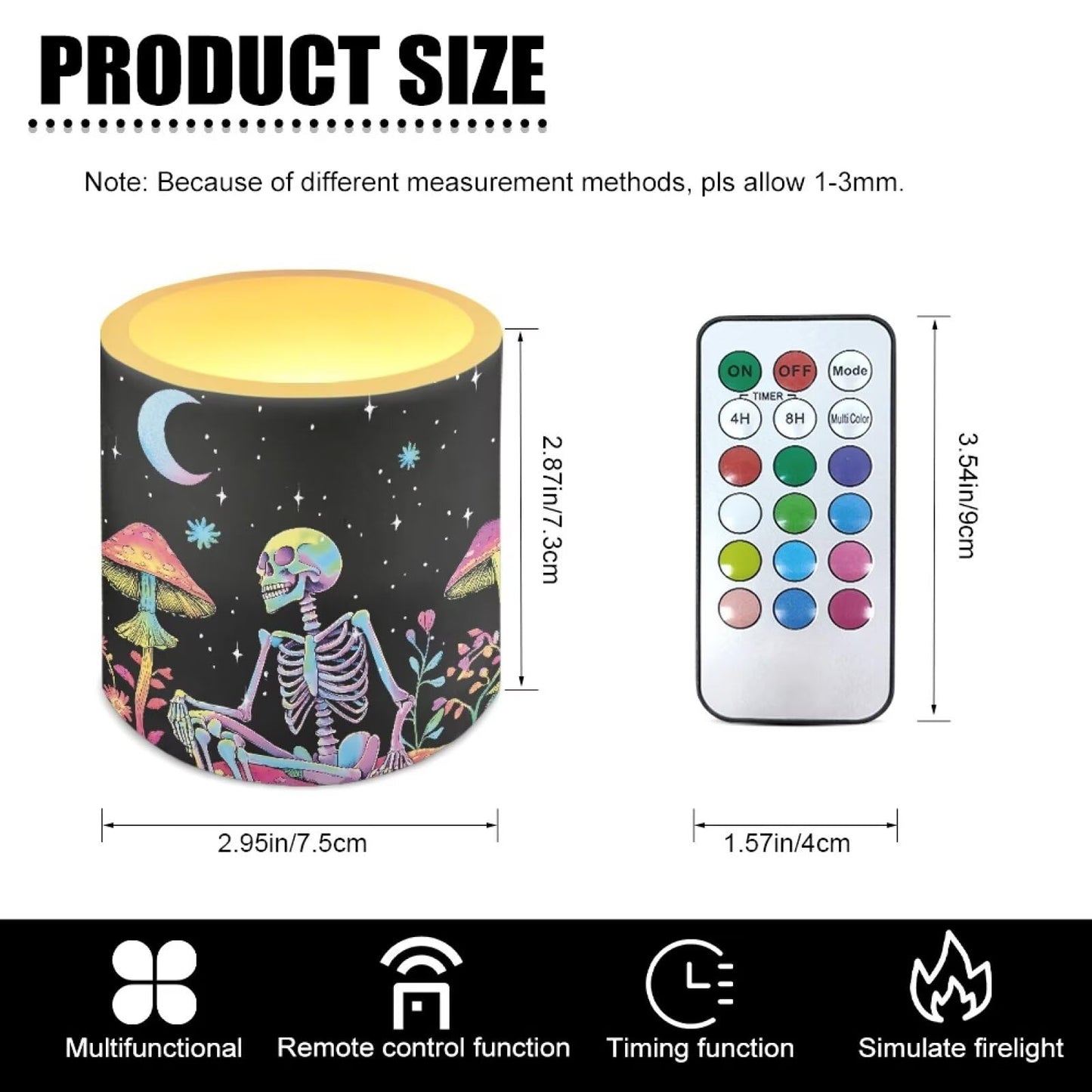Merkmak Flickering Flameless Candles with Remote Battery Operated Candles with Timer Control 4Pcs LED Pillar Tea Lights for Party Banquet Home Decor, Skeleton Mushroom Moon