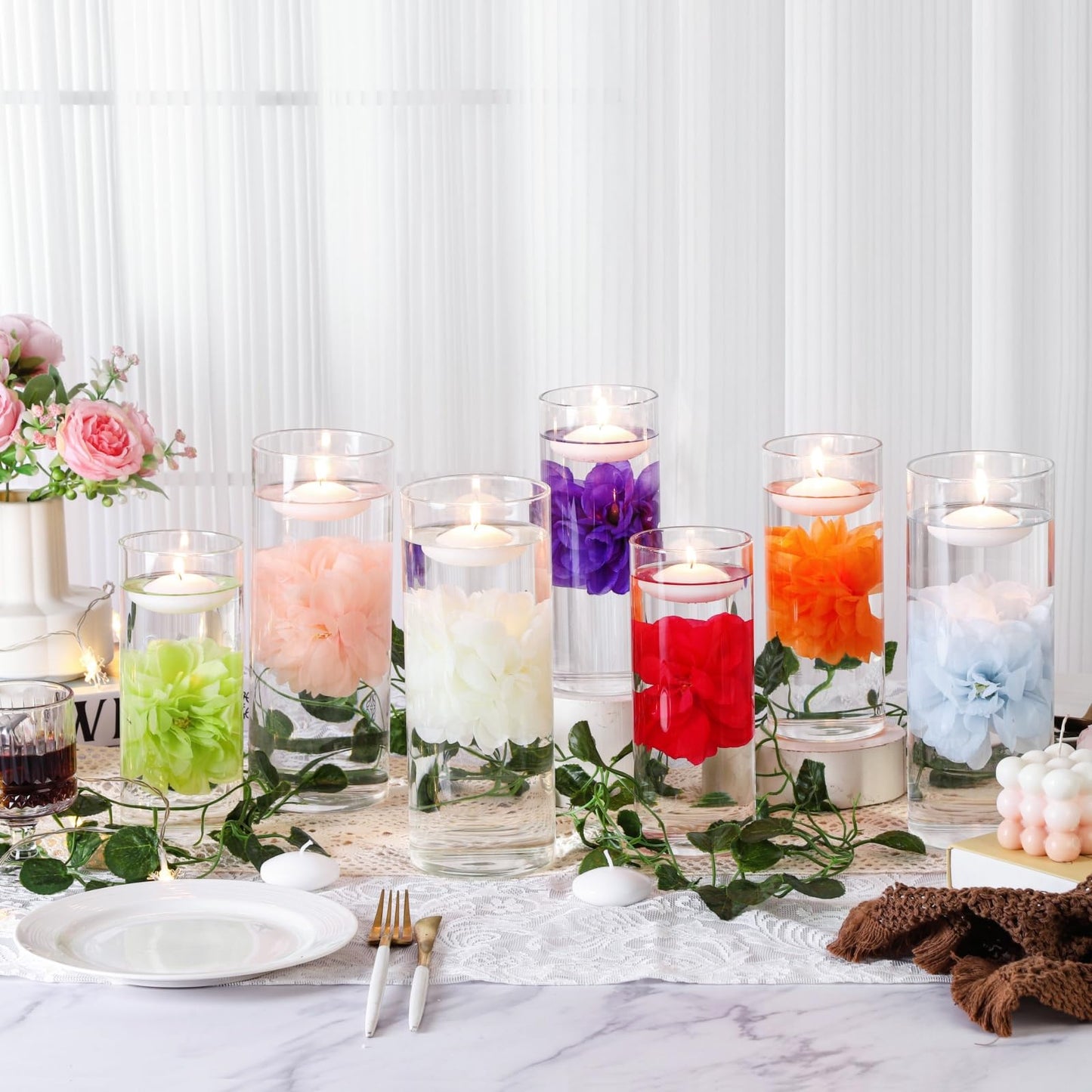 ZJGXH 24 Pcs Floating Candles for Centerpieces and Floating Flowers Vase Fillers for Centerpieces Artificial Blue Flowers for Wedding Party Home Table Decoration