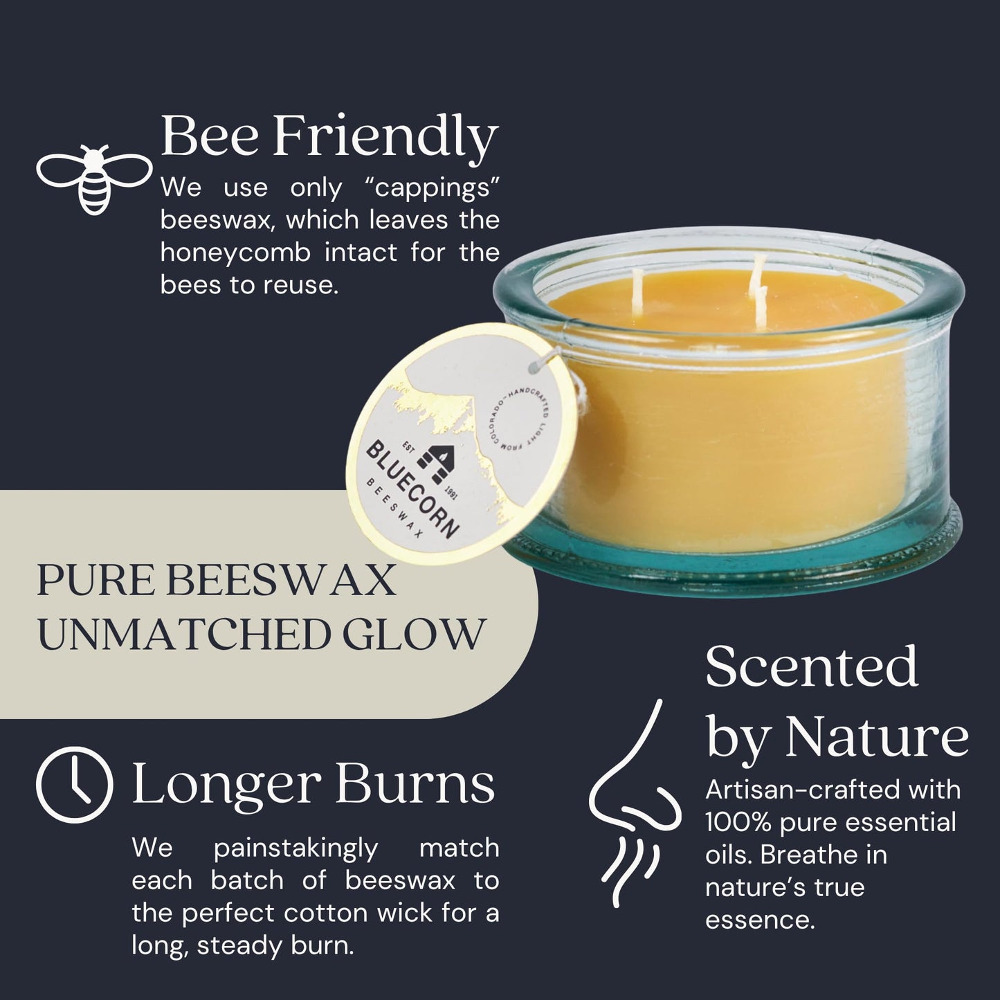Bluecorn Botanica Beeswax 3-Wick Candle – Lavender, 100% Pure Beeswax & Essential Oils – 10oz Hand-Blown Recycled Spanish Glass – Non Toxic, Clean Burning, Refillable Glass Jar