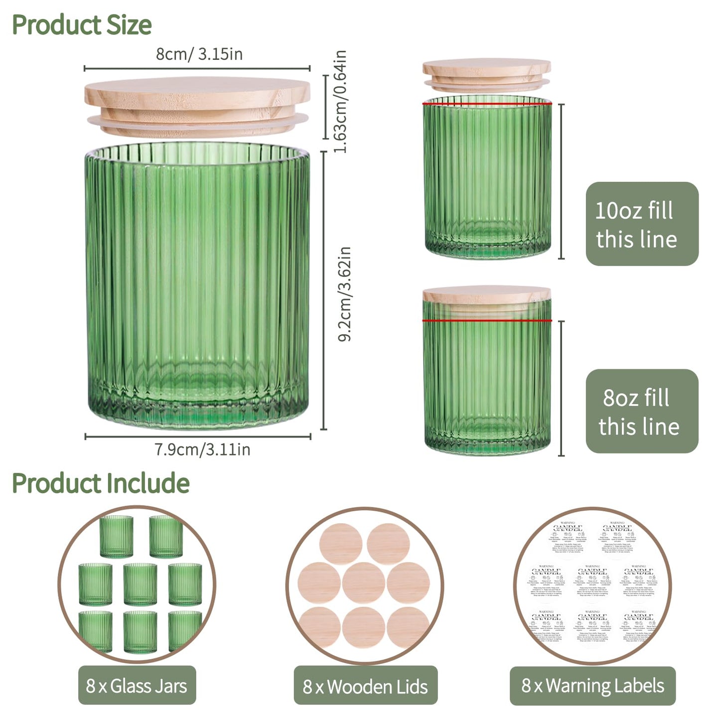 sunnyfuture 10 OZ Green Candle Jars for Making Candles Set of 8, Ribbed Glass Candle Jars with Wood Lids and Labels, Candle Containers for DIY, Gifts, Home Decoration