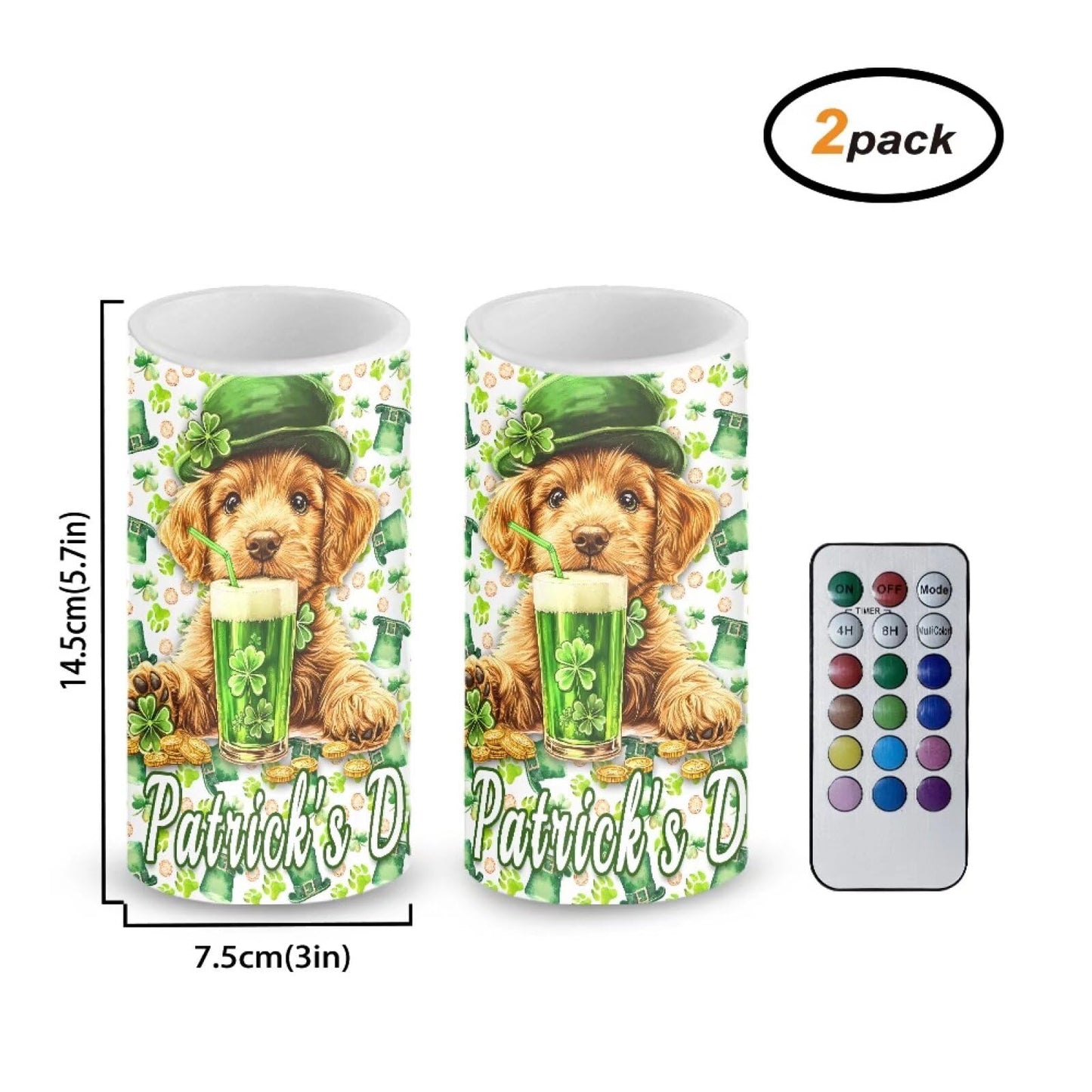 Luarisgur St Patricks Day Flameless Candles Green Dog Battery Operated Candles with Remote and Timer LED Flameless Candles 2 Pack 6 x 3 inch for Home Decor Bedroom