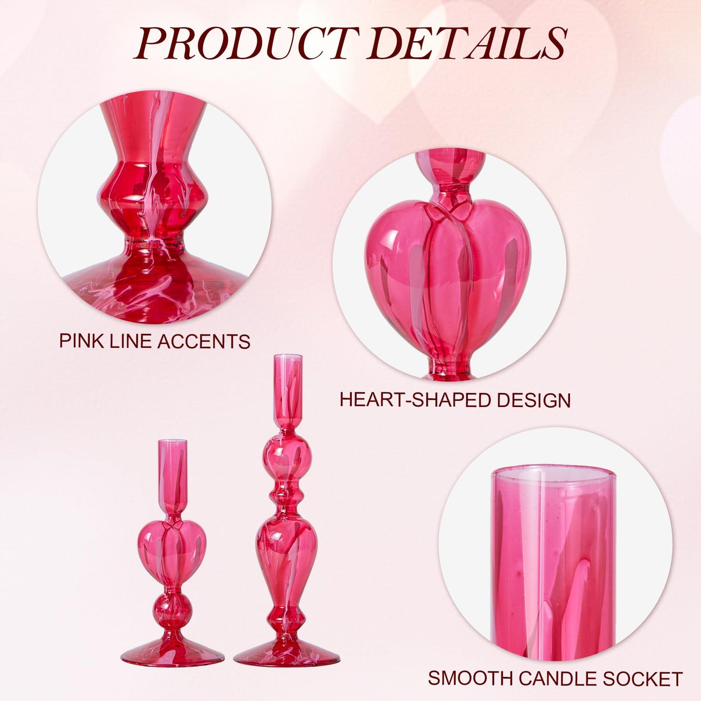 DN DECONATION Pink Glass Candle Holders Set of 2 – Heart Taper Candle Holders for Valentine's Day, Candlestick Holder Wedding Decorations, Farmhouse Home Coffee Table Decor & Housewarming Gifts
