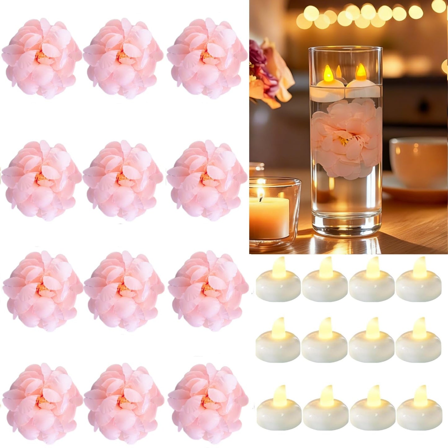 Qazcnd 24 Pack Flameless Floating Candles and Floating Artificial Flower Led Battery Operated Waterproof Tea Lights for Vases Centerpieces at Wedding, Party, Pool Decor Pink