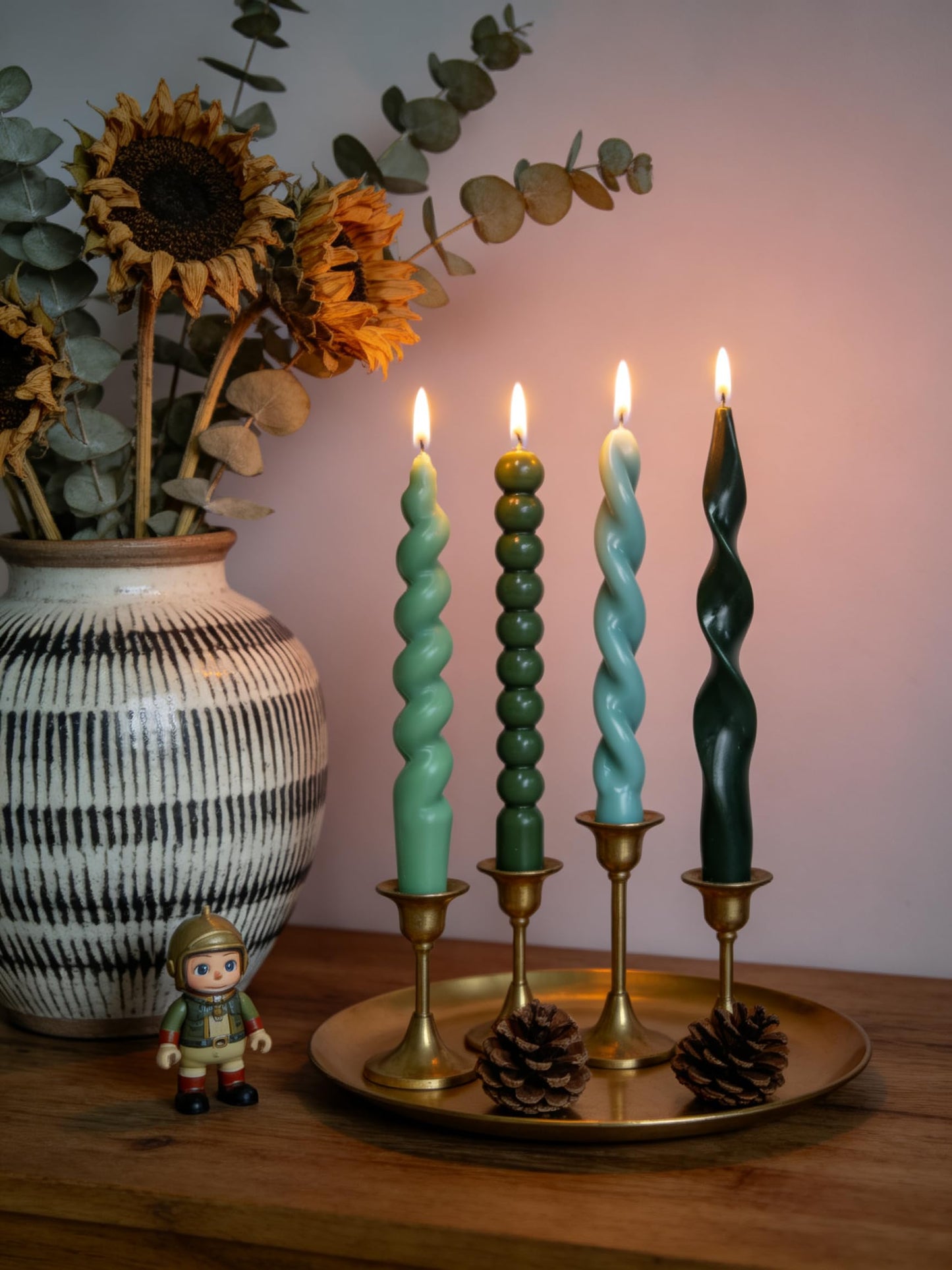 Green Spiral Taper Candles Short Candle Sticks Unscented Smokeless Twisted Candlesticks for Wedding Table Decor Holiday Dinner Party-7.5inch-12pack