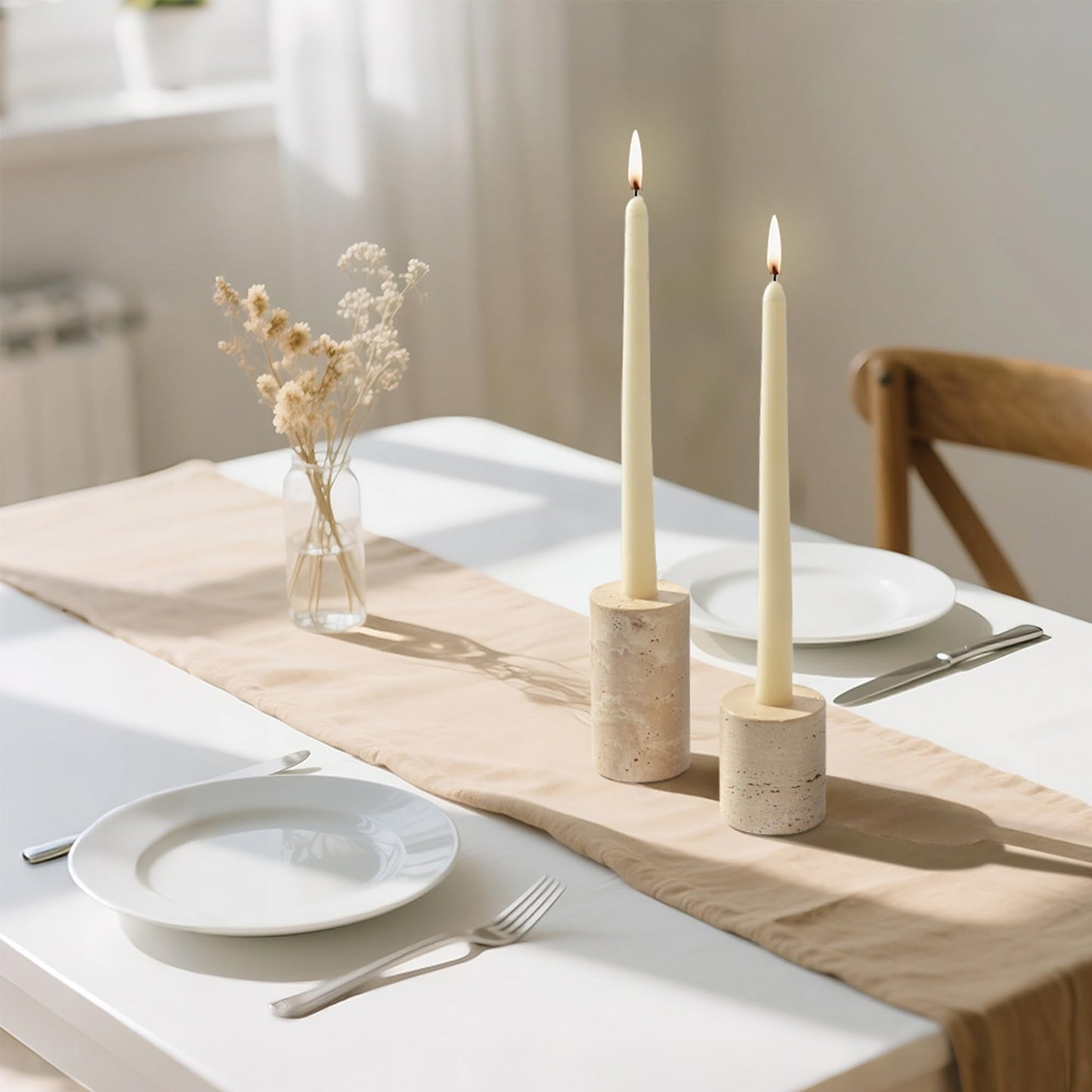 WORHE Candle Holders True Natural Marble Set of 2 Decorative Candlestick Holder for Table Centerpieces Home Dinning Party Wedding Birthday Premium Candles Stand for 3/4 inch Candles Beige (ZT017R)