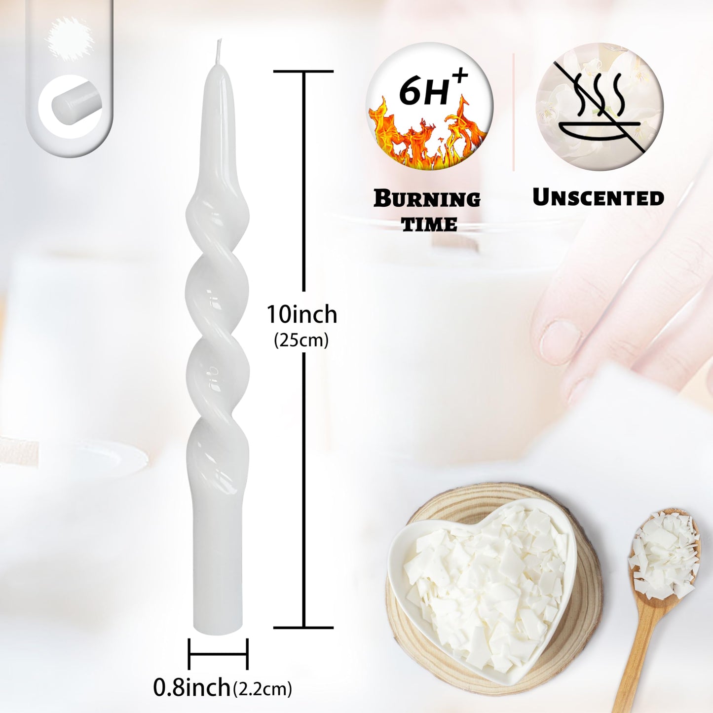 Dripless Unscented Spiral Candles 10 Inch Crystal White Twist Design Smokeless Long Burning Candles Elegant Decorative Lighting for Home Décor Dinner Party Romantic Evenings