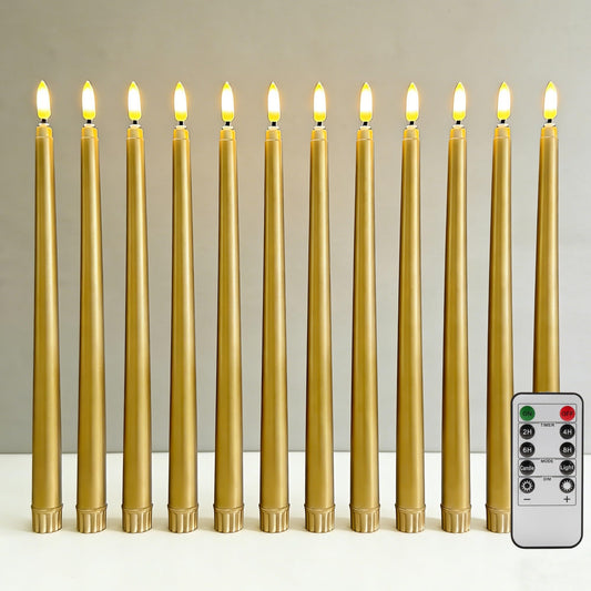 Ni-JASW Gold Flameless Taper Candles with Remote, Flickering LED Candlesticks Battery Operated Home Candle Decor Set of 12
