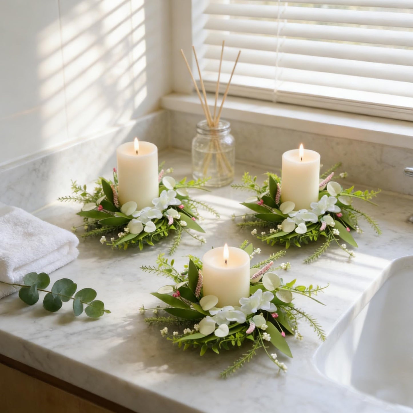 6 Pcs Small Spring Summer Candle Ring Wreaths Mini Pillar Candle Holder Wreath with White Hydrangea Flowers and Eucalyptus Leaves Artificial Spring Summer Wreath for Home Kitchen Table Cnterpieces