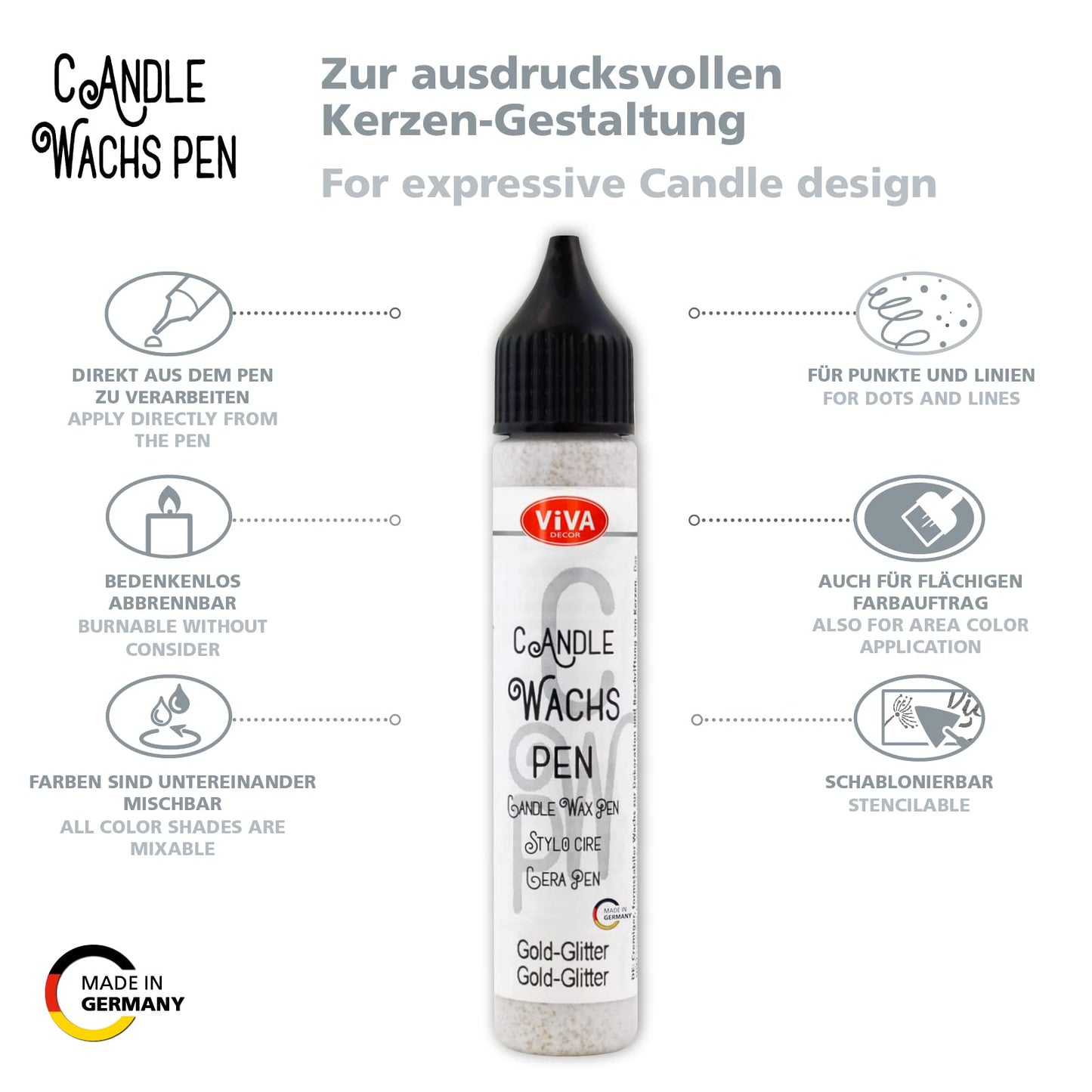 Viva Decor Candle Pen 4 x 0,95 Fl oz -Silver & Gold Set - Wax Paint for Candles | Candle Wax Pen for Custom Designs | Safe Candle Paint | for Decorating Candles | for Special Occasions | DIY Projects