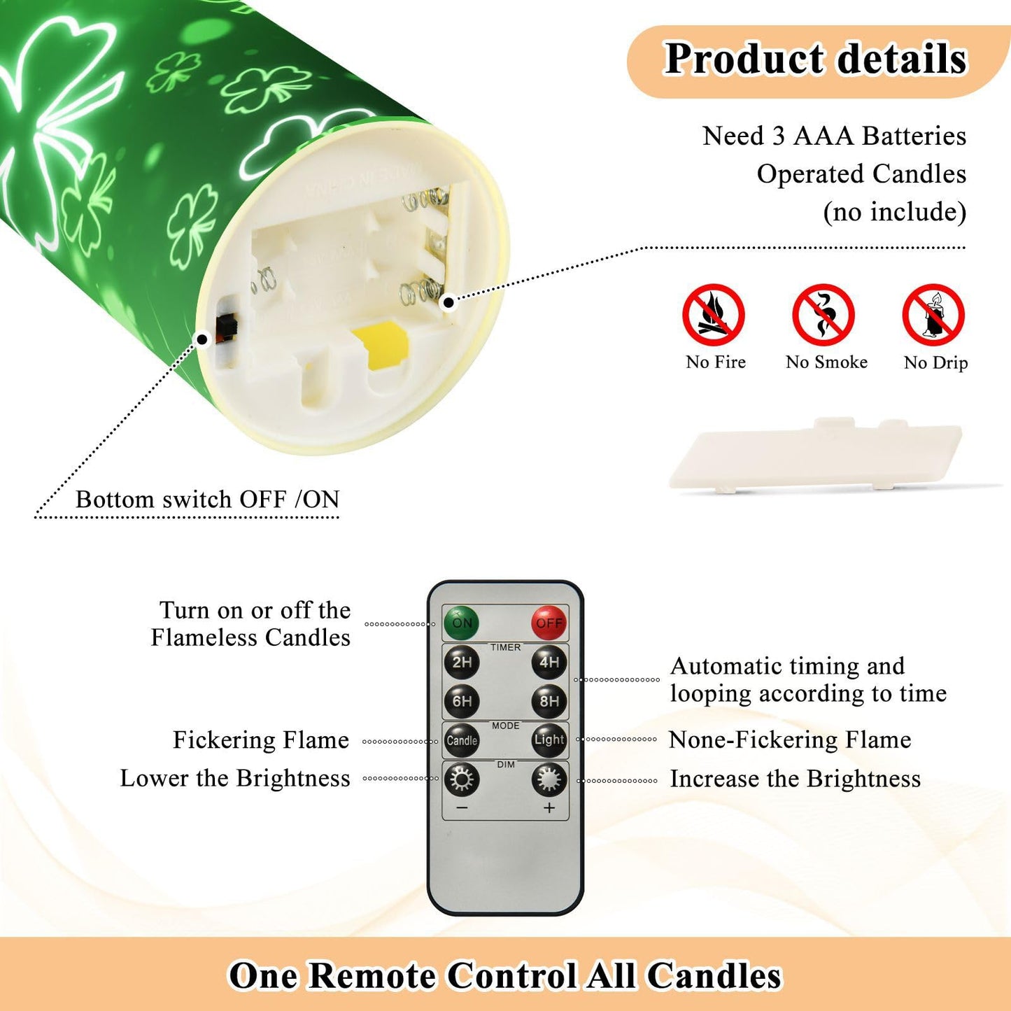St. Patrick's Day Flameless Candles Set of 2 Green Clover Shamrock G Realistic LED Candles with Remote Battery Operated Holiday Decorations