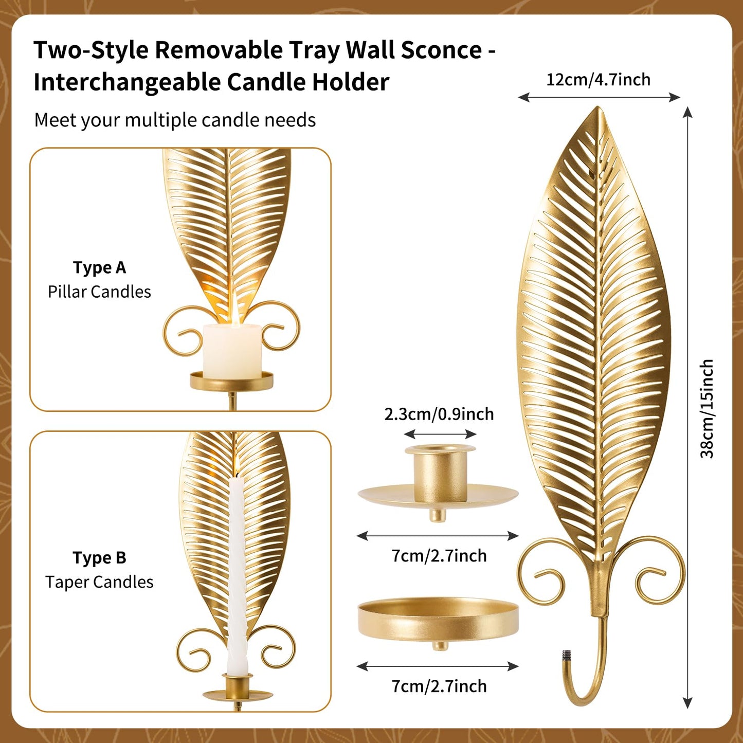 Gold Wall Candle Sconces Set of 2, Taper & Pillar Wall Iron Candelabra, Metal Golden Leaf Decor Sconce for Entryway Stair Corner Living Room, Farmhouse Fireplace,Gifts for Men Women Mom or Dad(Gold)
