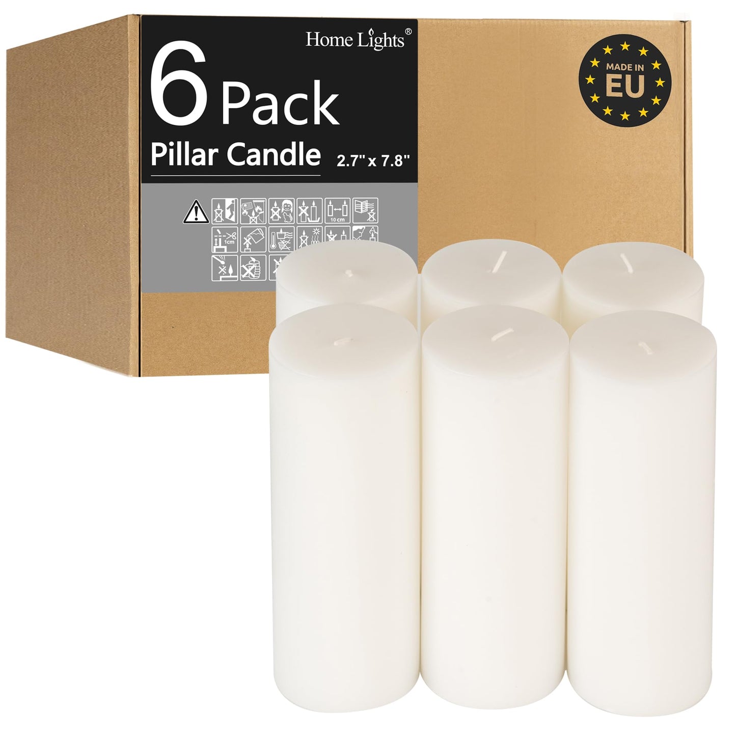 HomeLights Pillar Candles - 2.7x8 inch | 80 Hours Burning, 6 Count - White Unscented Smokeless European Pillar Candles - Perfect for Wedding, Parties, Spas, Home Gatherings and Dinner