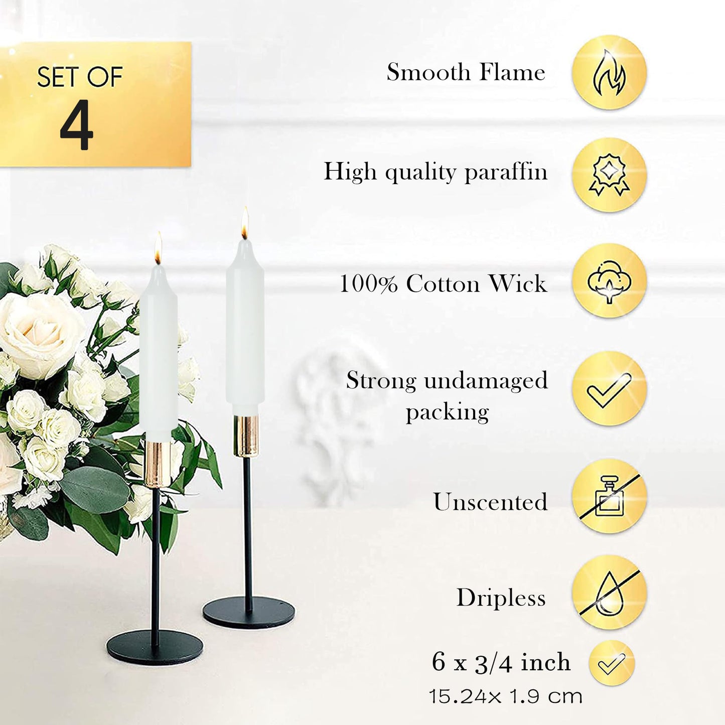 LPUSA White Short Taper Candles 6 inch Candle Sticks Unscented Dinner Candle Dripless for Home Decor,Christmas Table Decor，Weddings Festive Party Women Gifts，Set of 4