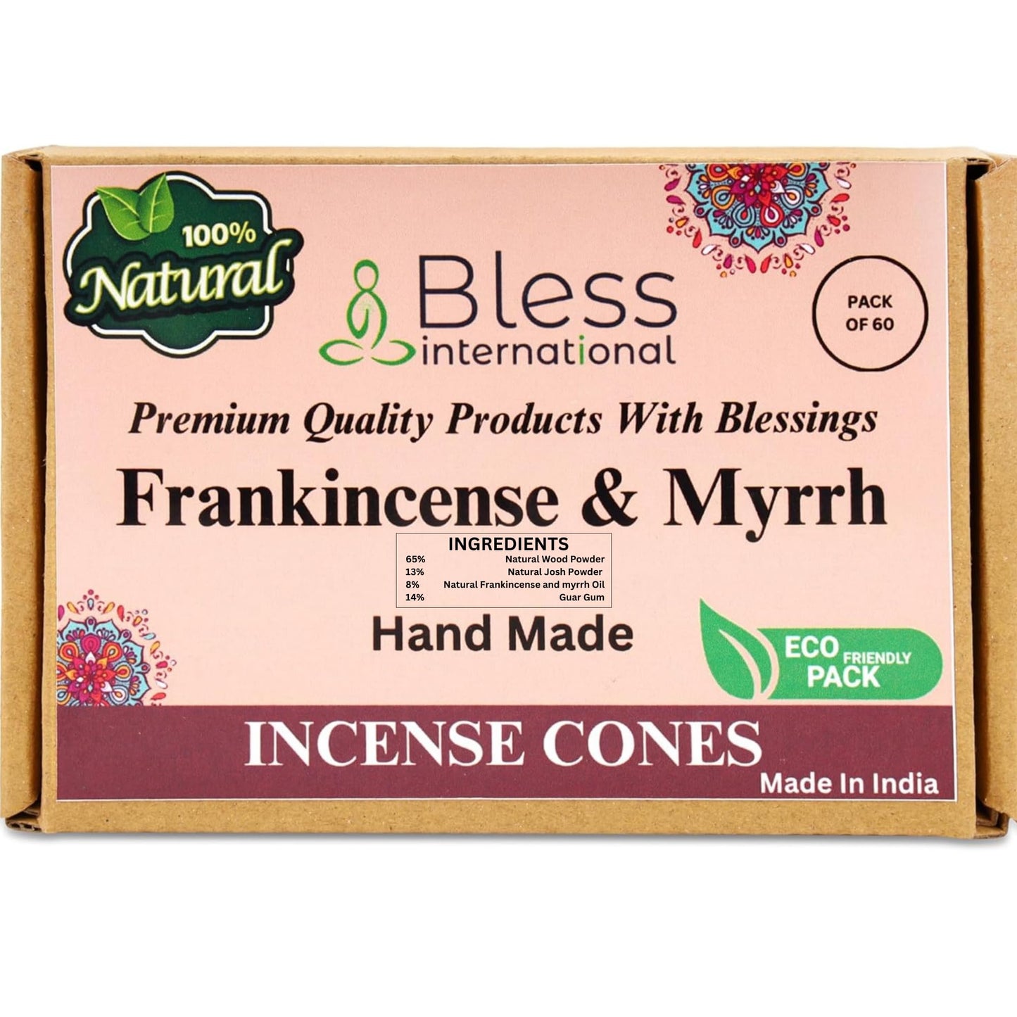 Bless International Frankincense-and-Myrrh 100%-Natural-Incense-Cones Handmade-Hand-Dipped Organic-Chemicals-Free for-Purification-Relaxation-Positivity-Yoga-Meditation The-Best-scents (60 Count)