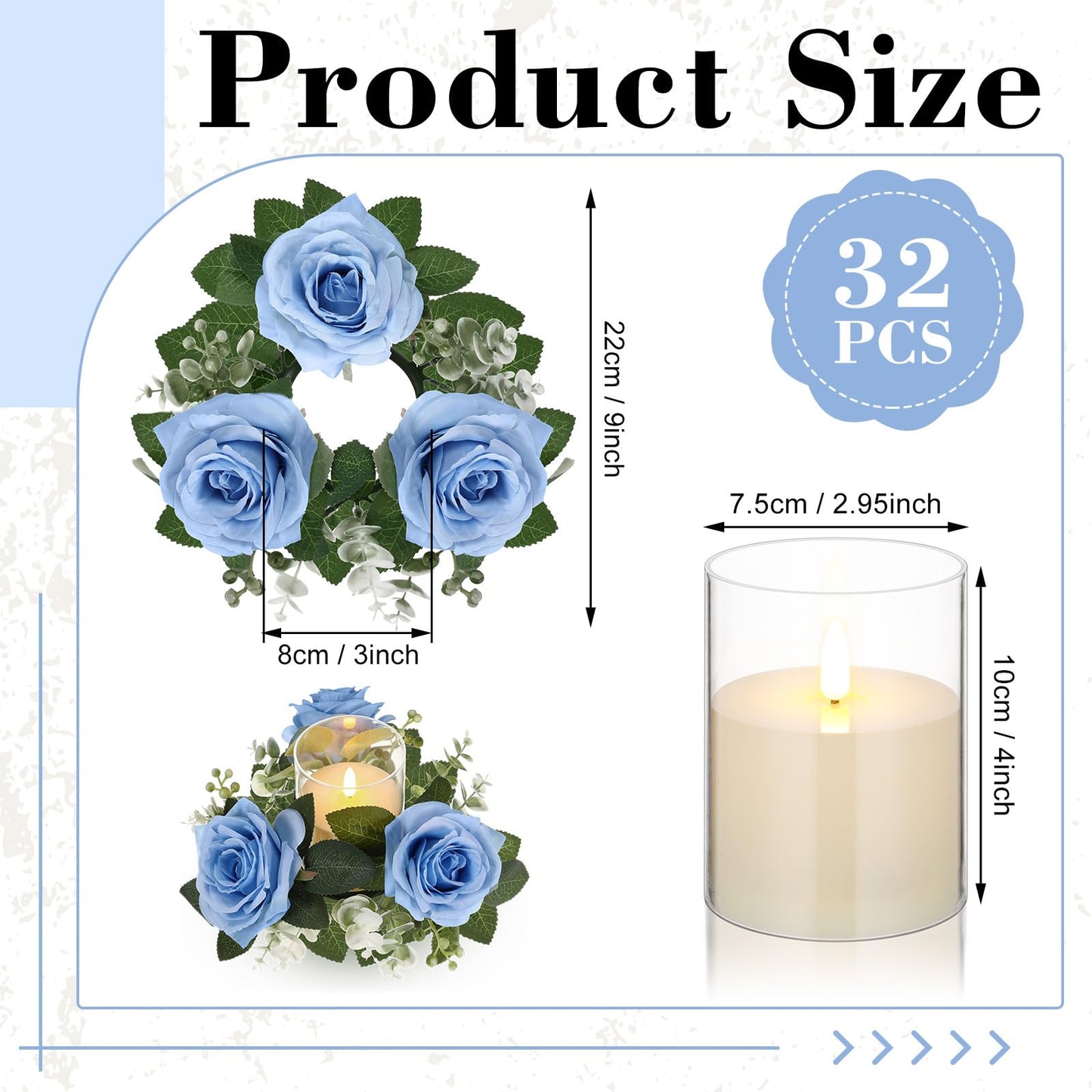 Yunlly 32 Pcs Rose Candle Rings with Flameless Candles Sets, Artificial Flower Eucalyptus Wedding Centerpiece 3 Inch Pillar Candleholders Wreaths for Wedding Party Mother's Day (Blue)