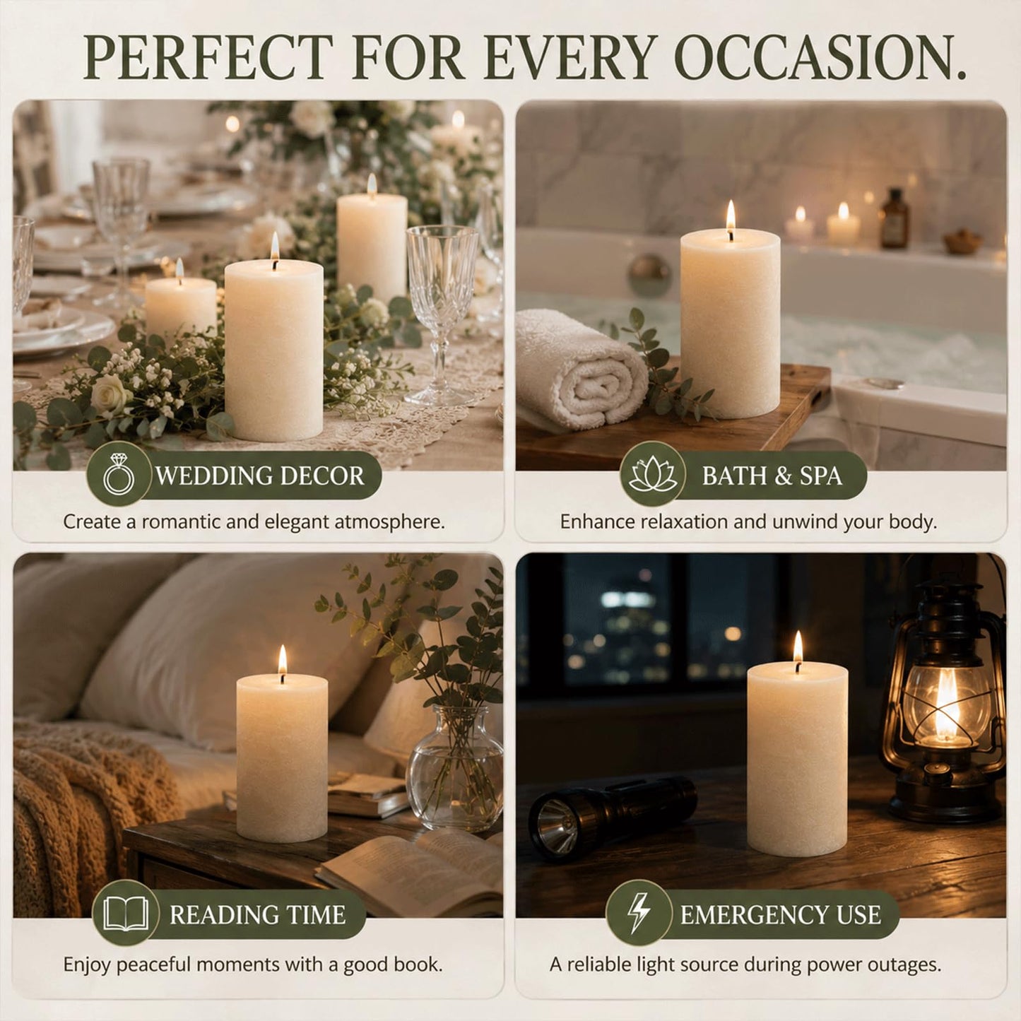 4 Pack Soy White Pillar Candles,Natural Soybean Pillar Candles,55 H Long Lasting Burning-Unscented,Dripless and Smokeless Rustic White Hand-Poured Candles Dinner Table,for Wedding,Home Decor 2.8x4in