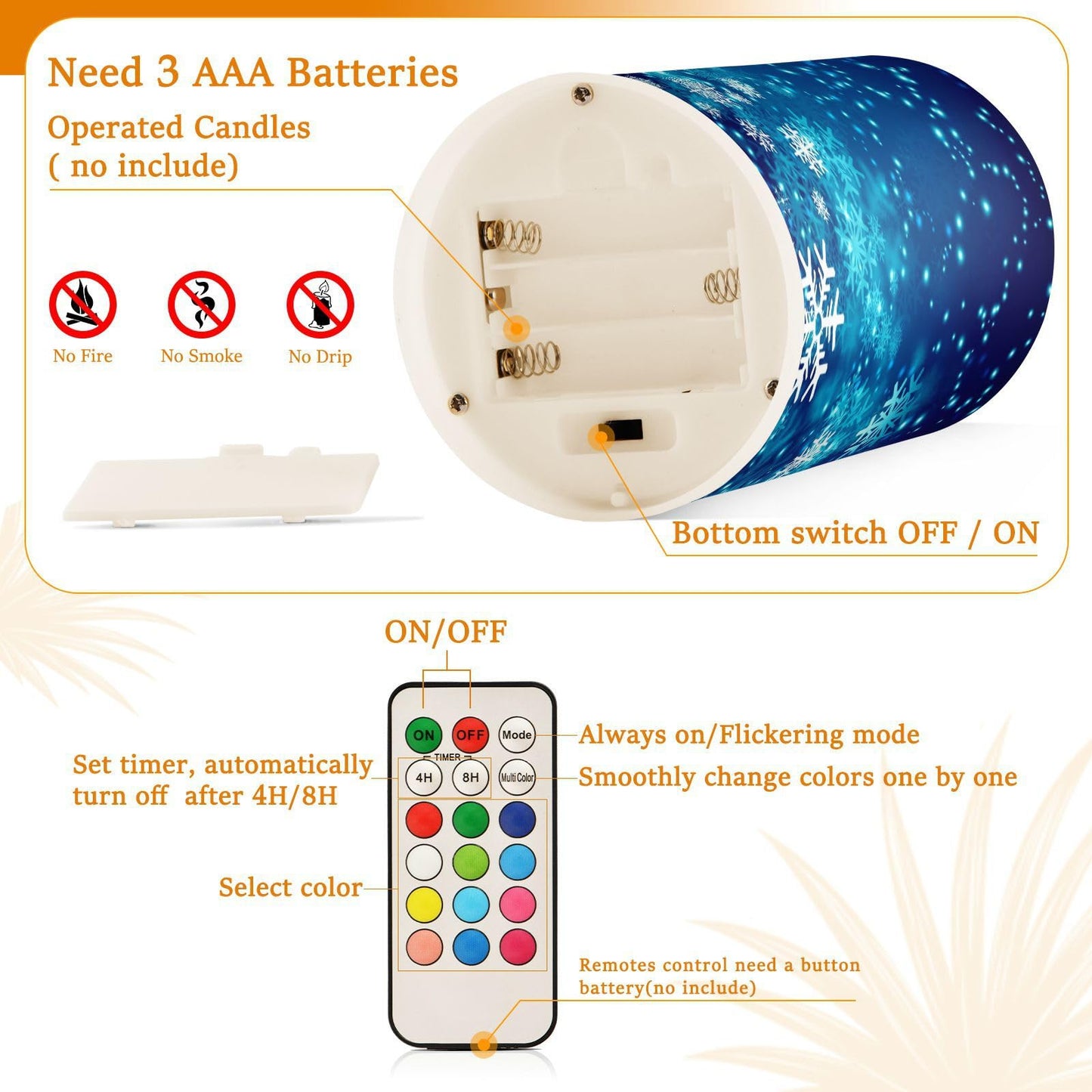 ALAZA Christmas Blue Glitter Snowflakes Flickering Flameless Candles Battery Operated with Remote Timer,Tea Light Candles LED Pillar Votive Candles Set of 2 for Outdoor Indoor Decorations