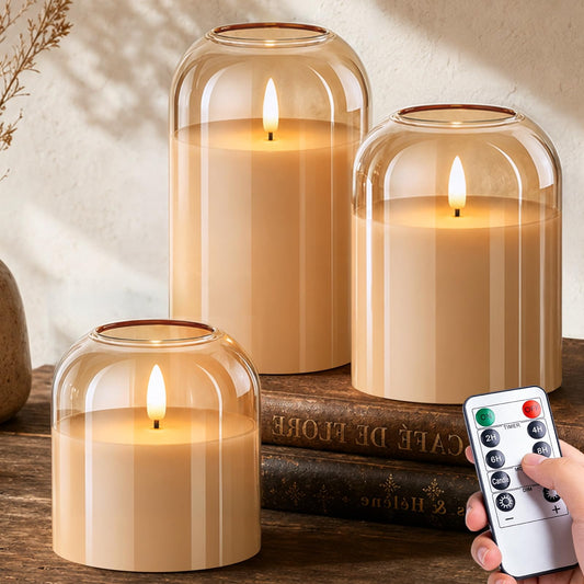 ARIKJ Amber Glass Flameless Candles with Remote, 3-Pack LED Pillar Candles for Classy Fall Decor, Modern Aesthetic Room, Thanksgiving Centerpiece, Boho Shelf, Mantel & Coffee Table
