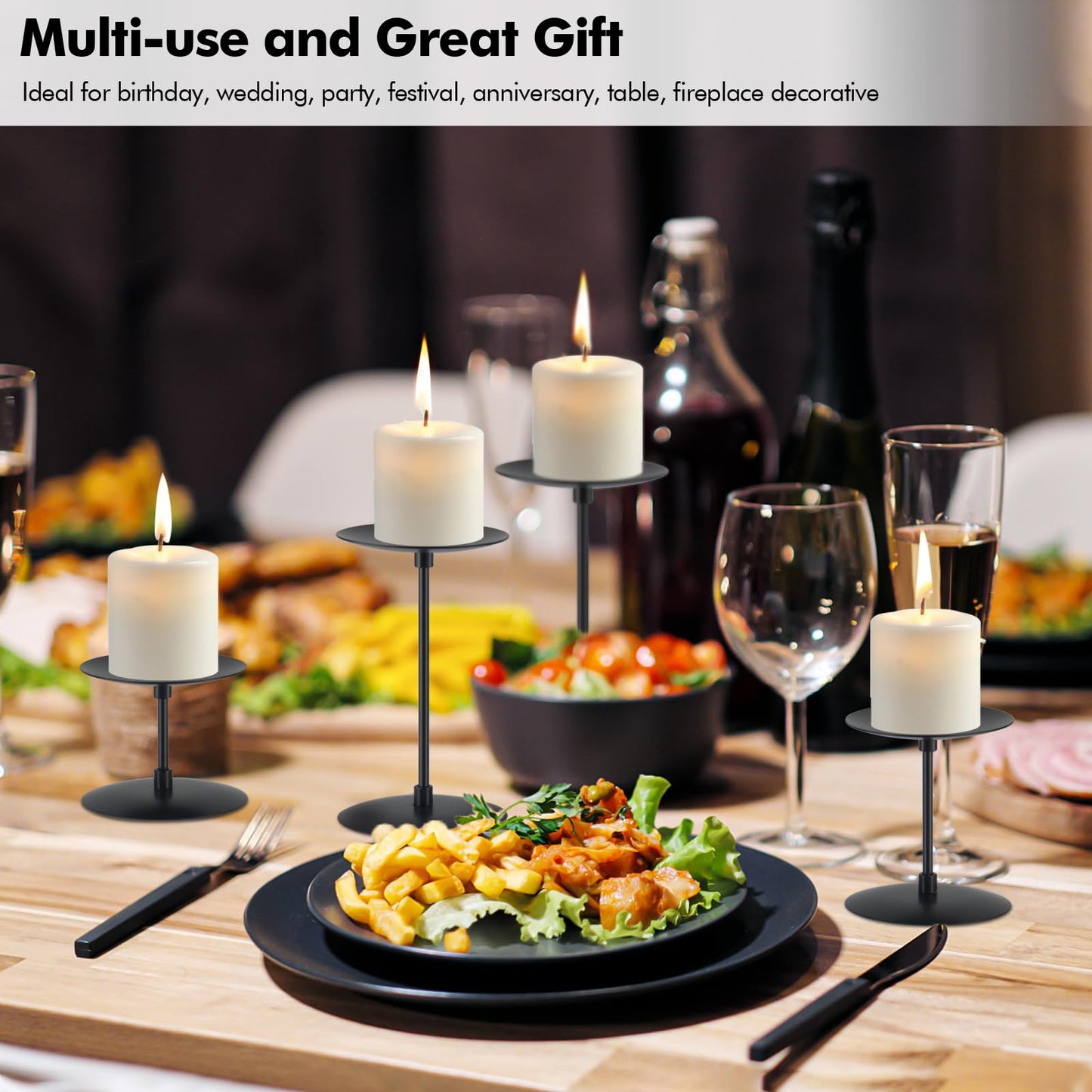 Lunhoo Set of 6 Candle Holders, Metal Pillar Candle Stand for Tabletop Wedding Party Event Birthday Anniversary (Black)