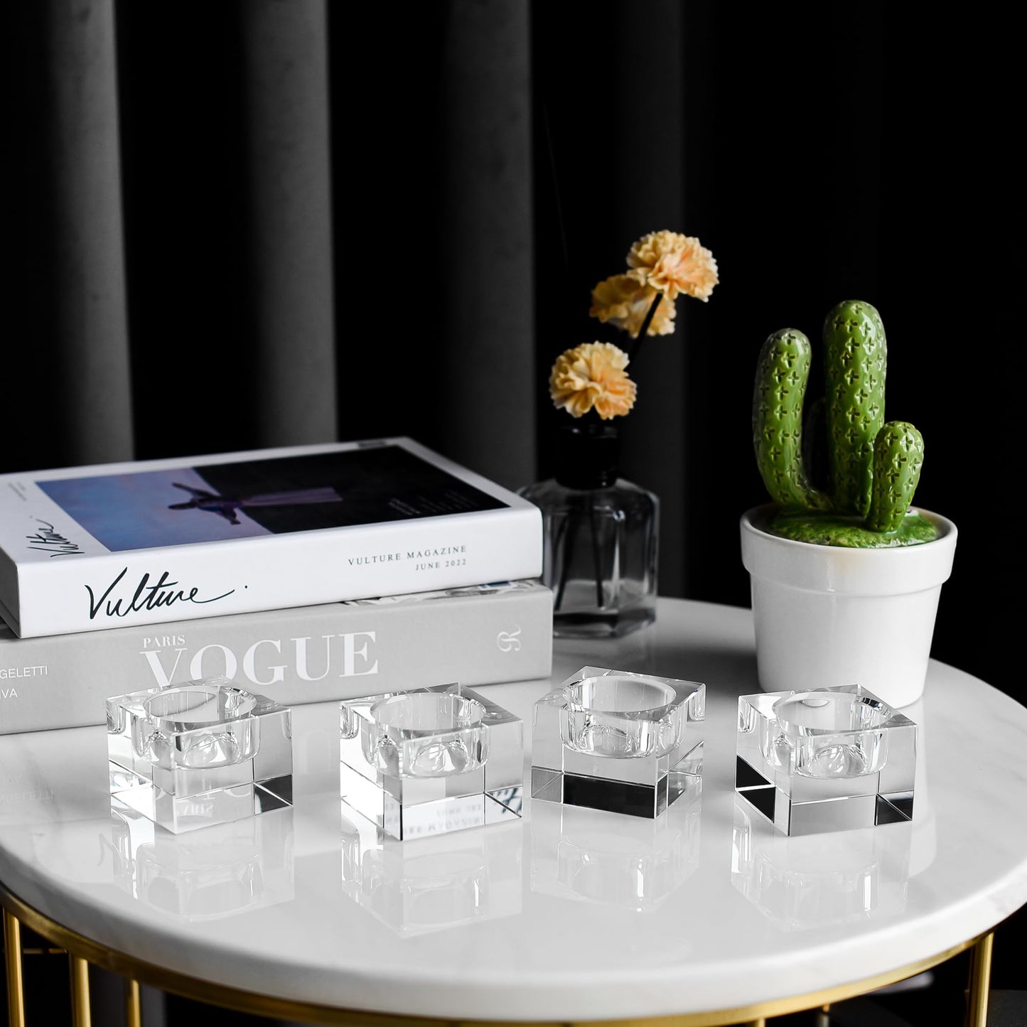 DONOUCLS Home Crystal Tealight Candle Holders Pack of 4, 1.5 Inches Height, Heavy Solid Square Hand Cut Tealight Holders Sets, Centerpiece for Home Decor(Clear)