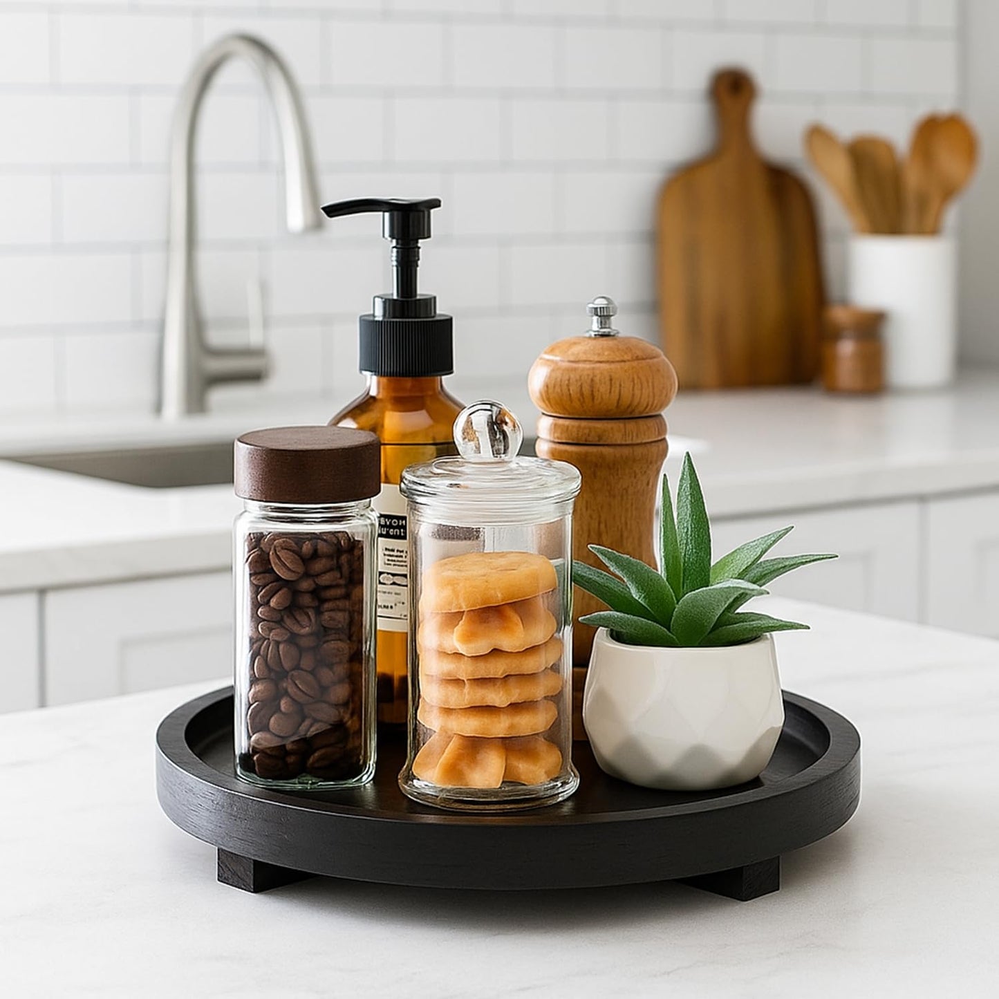 Large Decorative Wooden Tray for Kitchen Counter Bathroom Sink Vanity Trays Round Wood Riser Candle Pedestal Stand for Perfume Soap Tray Round Dining Coffee Table Modern Farmhouse Decor Tray