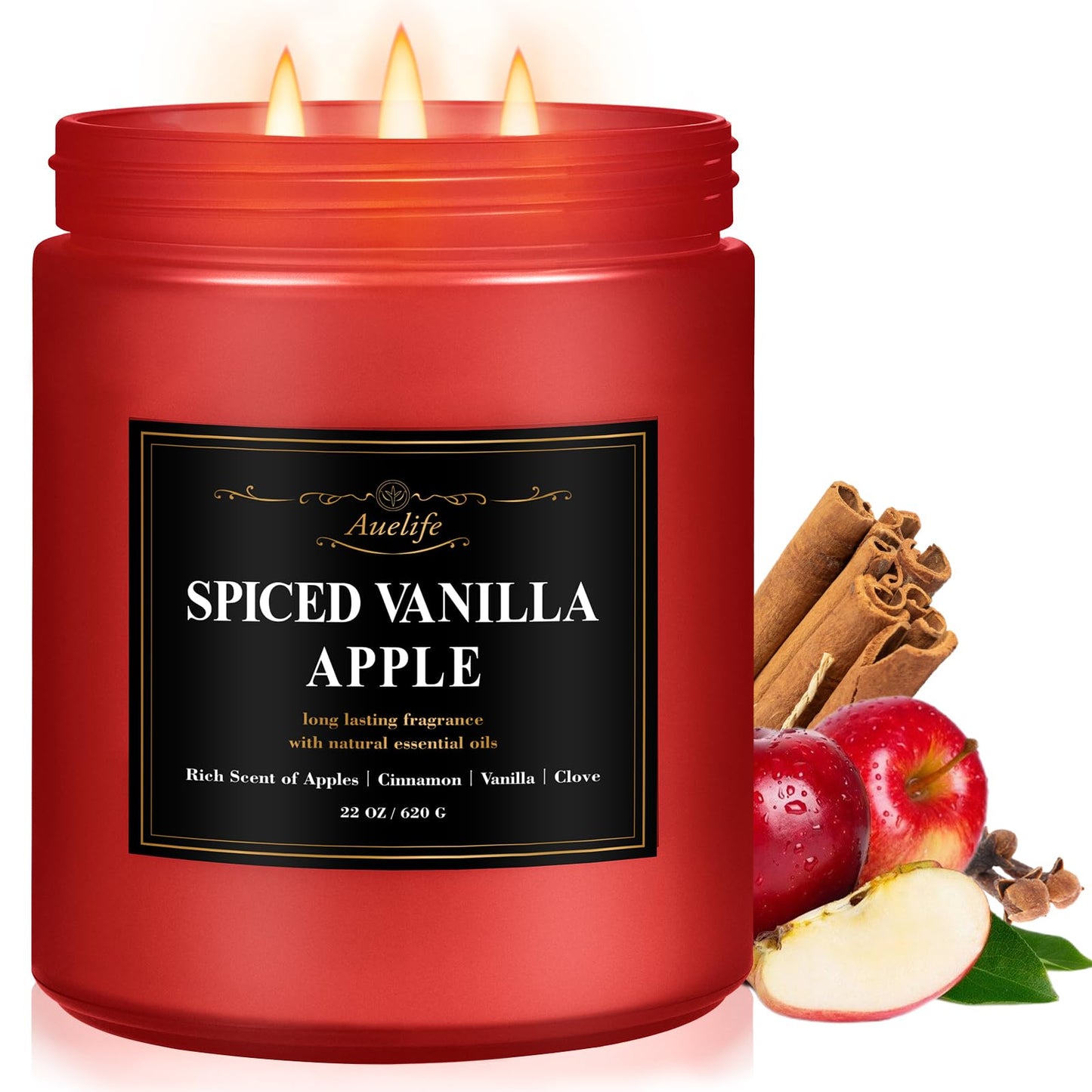 Auelife Spiced Vanilla Apple Scented Candle – 22oz Large 3-Wick Soy Candle, Cozy Fall & Autumn Candles for Home, Holiday Gift for Women & Men