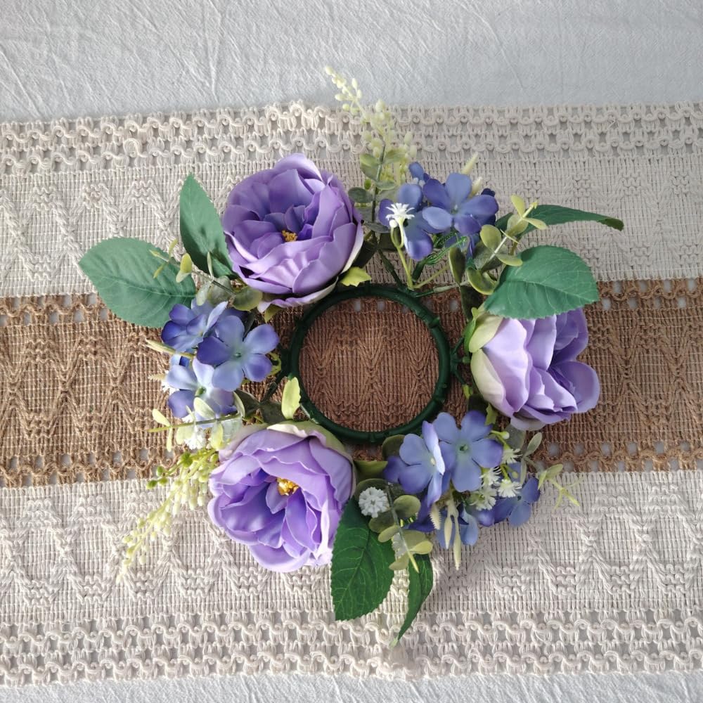Set of 4 Artificial Rose Daisy Flowers Candle Rings Wreaths 3 Inch Center Green Eucalyptus 8" Floral Small Wreath for Pillars Spring Easter Wedding Party Home All Season Decor (Purple)