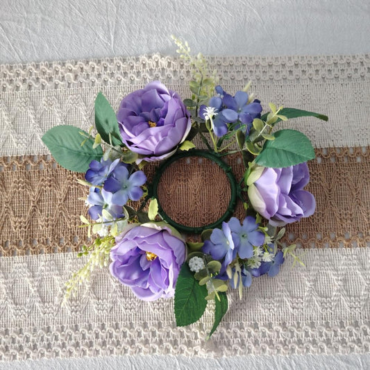 Set of 4 Artificial Rose Daisy Flowers Candle Rings Wreaths 3 Inch Center Green Eucalyptus 8" Floral Small Wreath for Pillars Spring Easter Wedding Party Home All Season Decor (Purple)