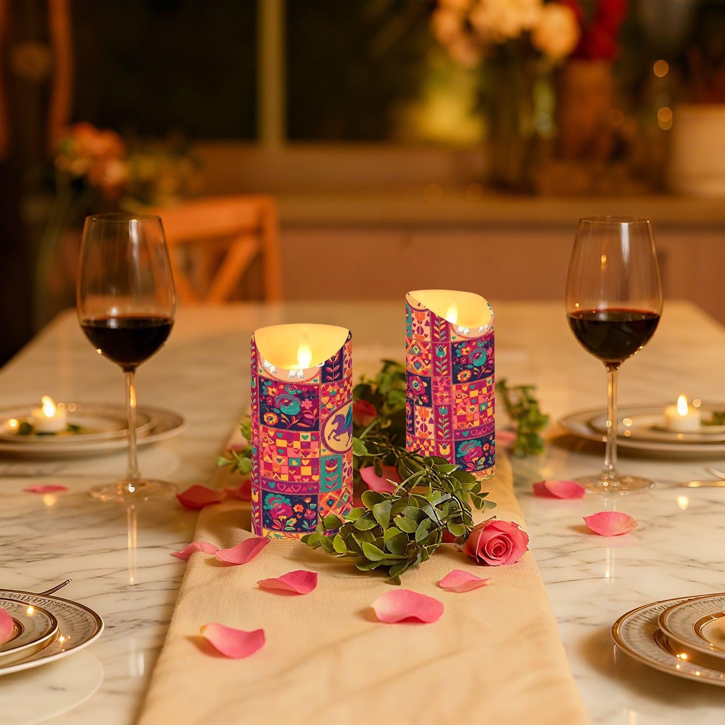 Gravopti Patchwork Animals 2 Pack Flameless LED Pillar Candles with Remote & Timer, Battery Operated, Flickering Wax Candle for Wedding, Romantic Home & Party Decor