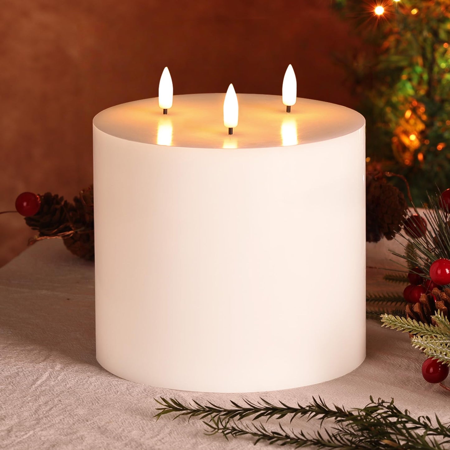 Girimax White 3 Wick Flameless Candle with Remote, 6x6 inch Giant LED Pillar Candle, Battery Operated Real Wax Flickering