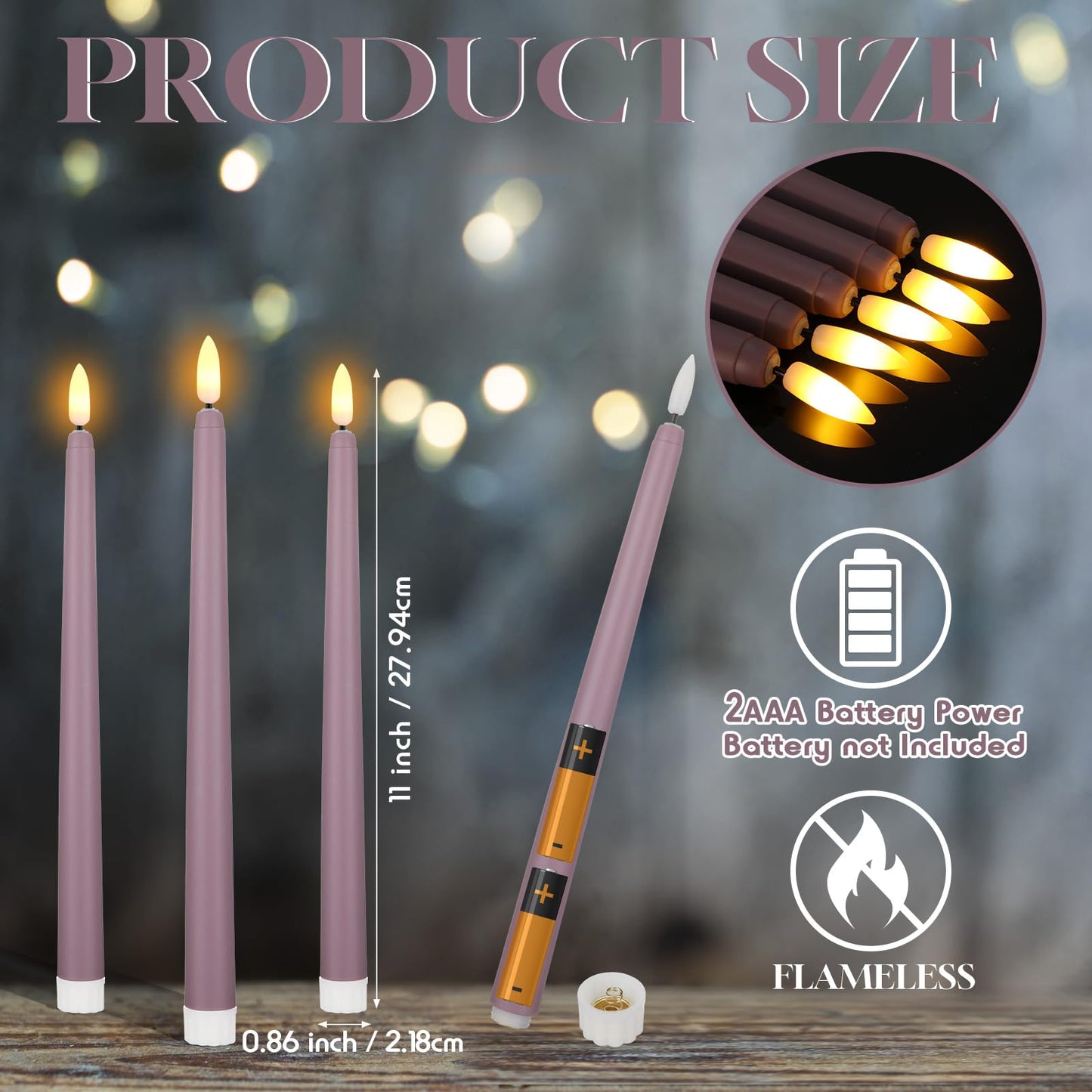 Macarrie 24 Packs Flameless Taper Candles Battery Operated Fake 11 Inch Long Candlelight LED Flameless Candlesticks Flickering Tapered for Summer Fall Wedding(Light Purple)