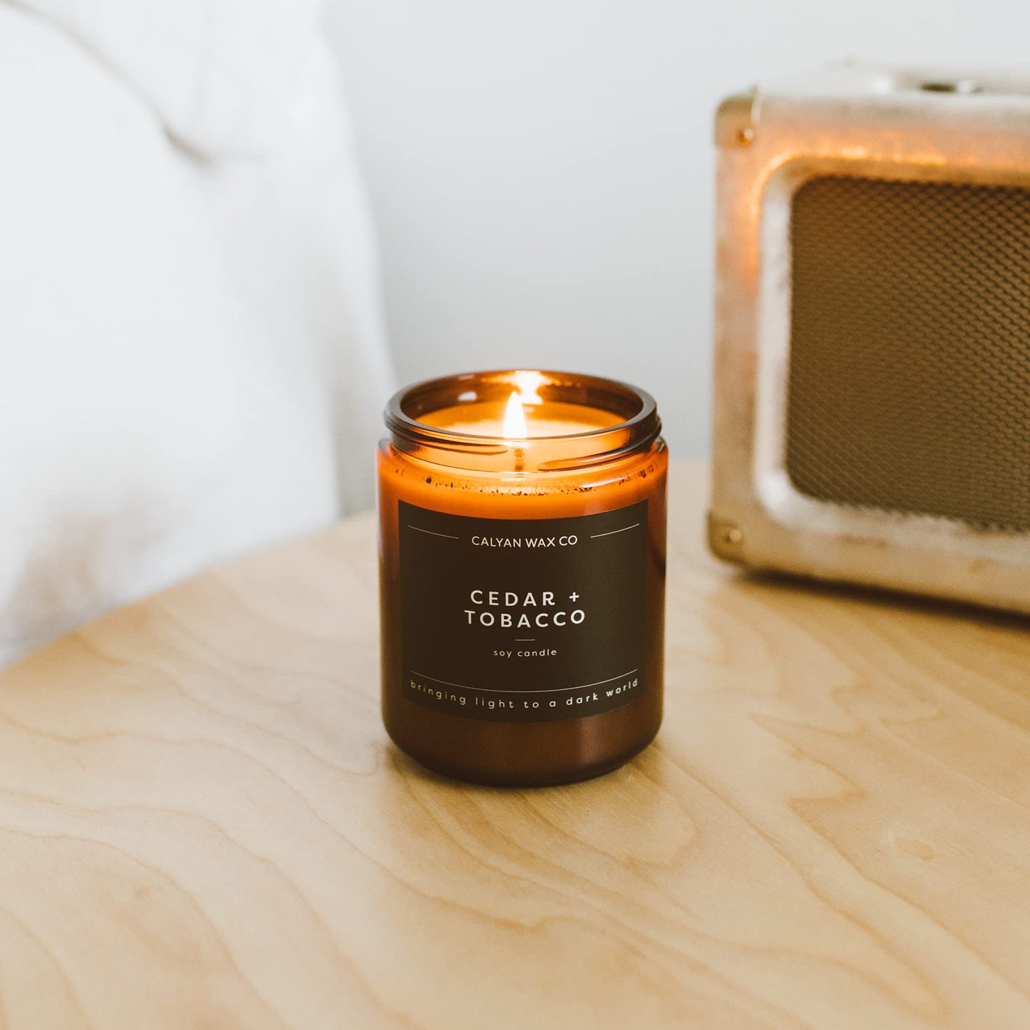 Calyan Wax Co. Cedar & Tobacco Scented Candle - 57 Hour Burn - Luxury Clean Soy Wax Candles - Long Lasting Amber Glass Jar Candle for Home - 7.2oz