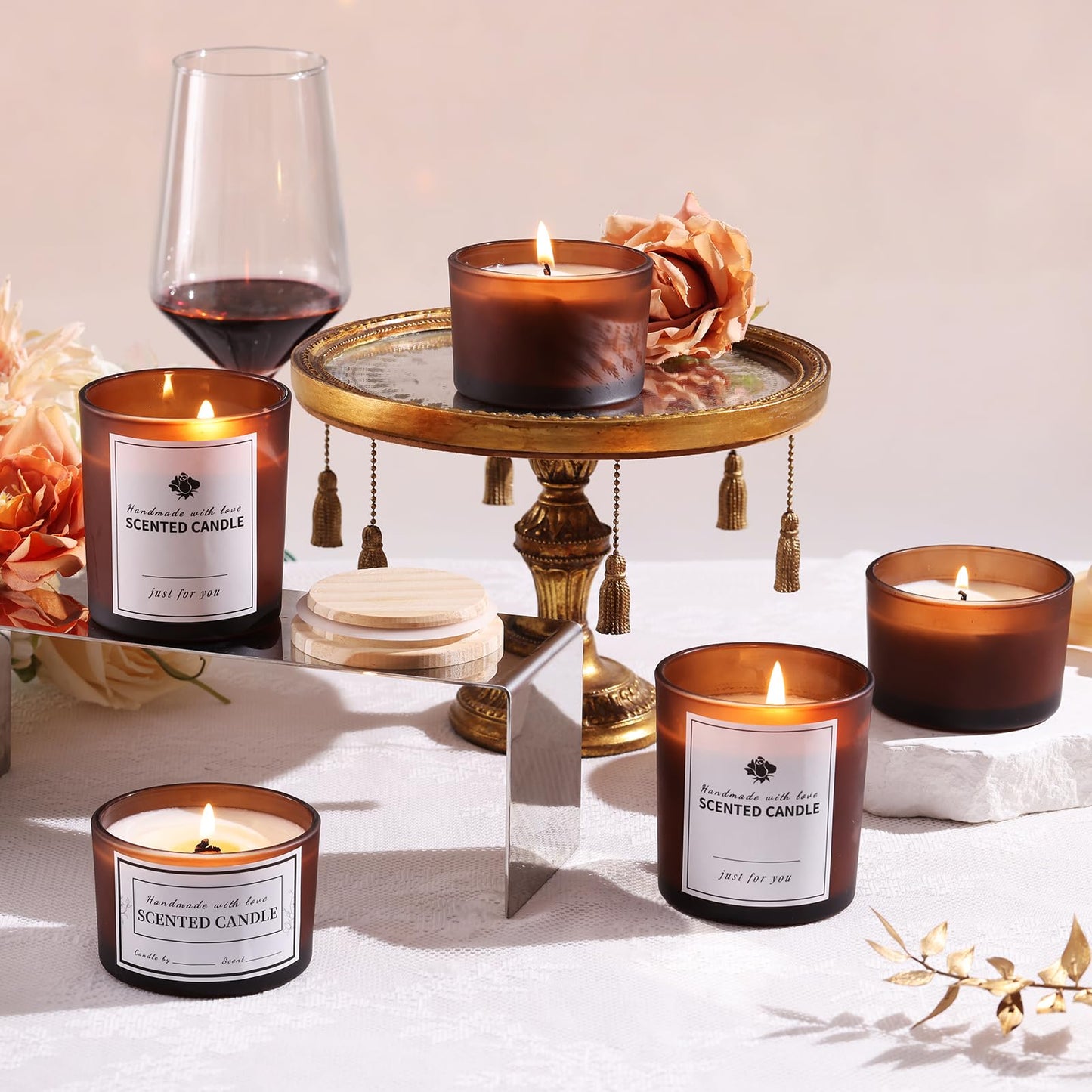 sunnyfuture 16 Pack Forsted Amber Candle Jars, 8pcs 7oz + 8pcs 4oz Candle Jars for Making Candles with Wooden Lids and Labels for DIY, Gifts, Home