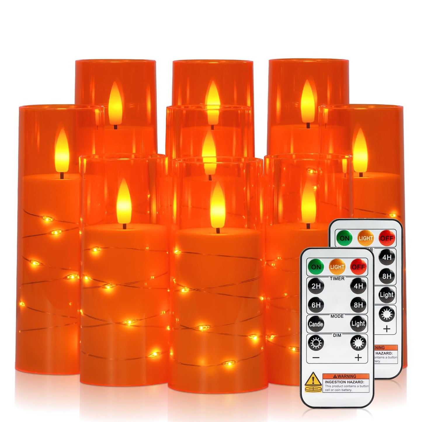 Raycare Flameless Candle with Remote Timer – 9 Flickering Acrylic Battery Operated LED Pillar Candles with Embedded Star String for Halloween, Home Decor, and as a Gift (Orange)