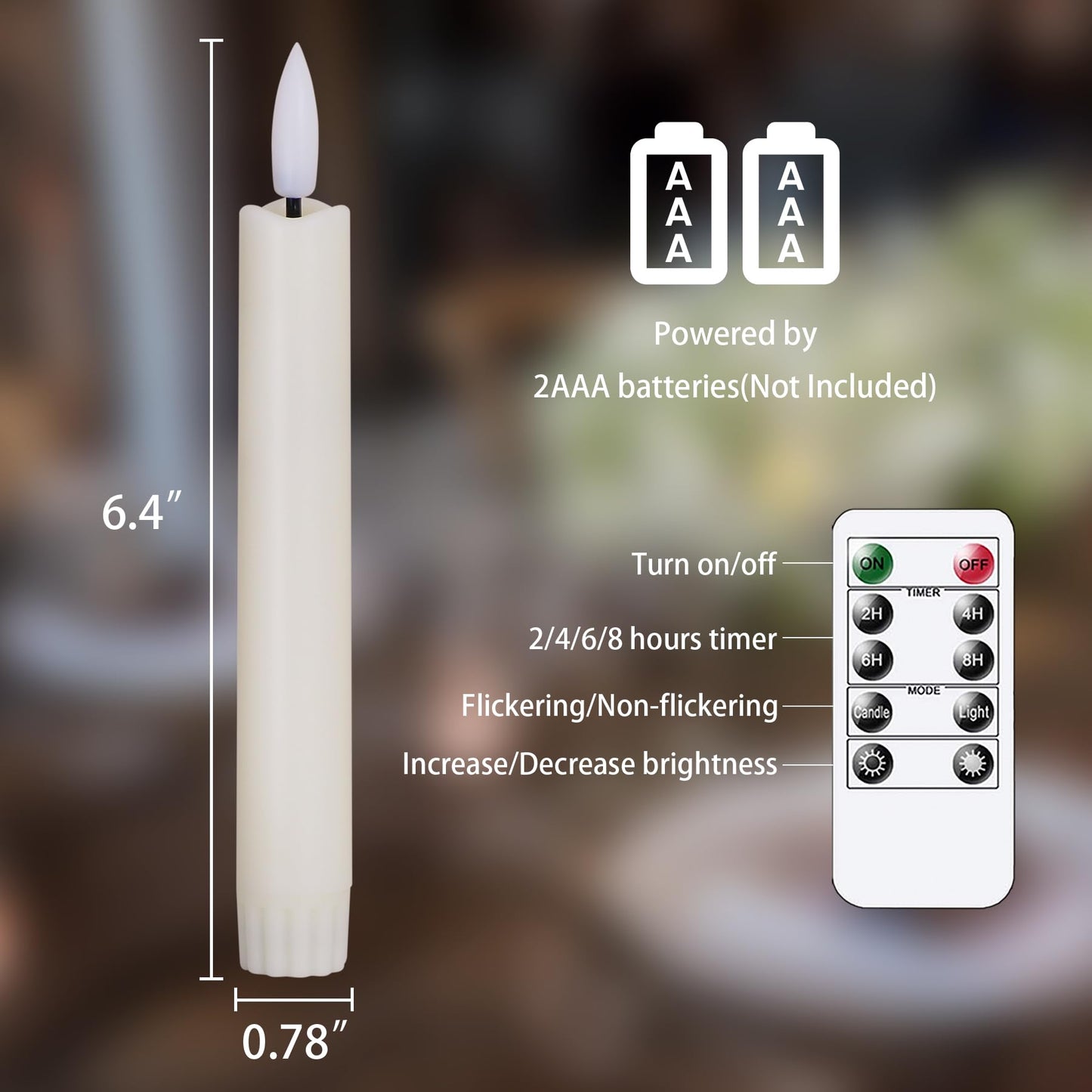 Mavandes 6.4 Inches Plastic LED Taper Candles with Remote and Timer,Ivory Flameless Battery Operated Flickering Candlesticks,Pack of 6 Flameless 0.78” Diameter 3D-Wick Tall Window Candles,Long-Lasting