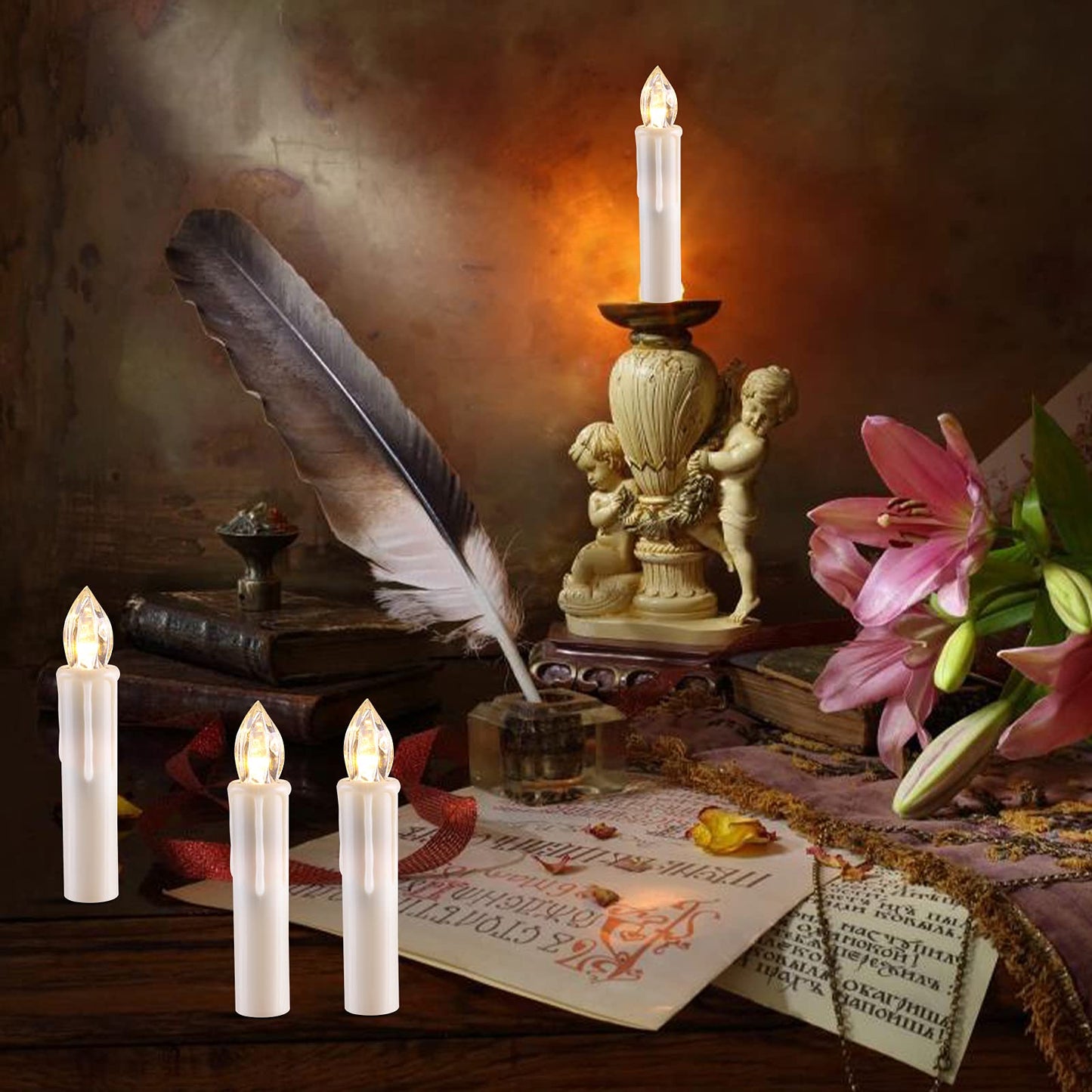 MIXALY 24 PCS LED Flameless Taper Candles, Battery Operated with Remote Updated Timer Function, Flickering Warm White Light, Perfec for Window and Christmas Decor