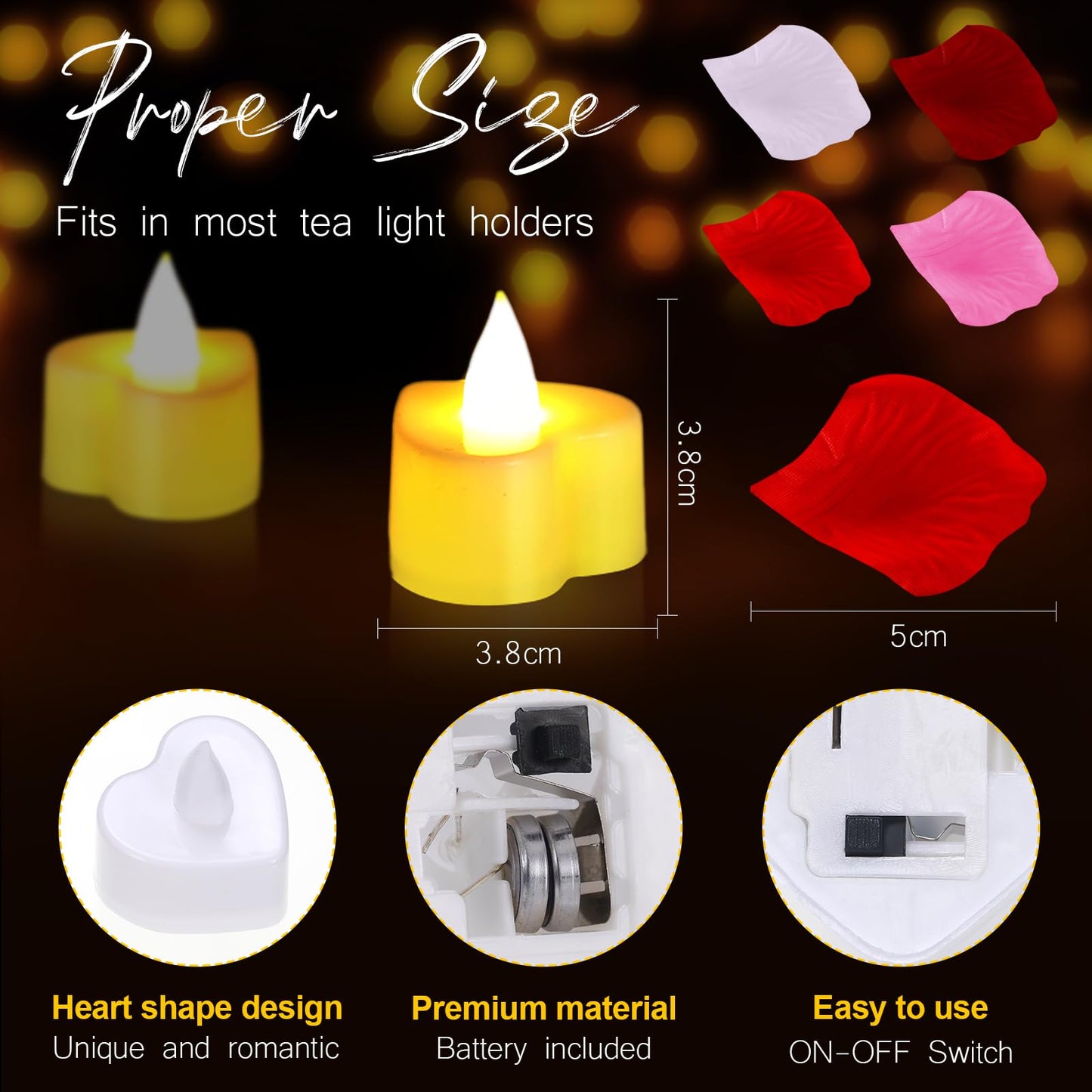 Coume 6000 Pieces Artificial Rose Petal 72 Pieces LED Tealights Candle, Romantic Decorations Special Night Rose Petal Heart Candle for Valentines Wedding Anniversary Proposal Decor(Cute White Light)