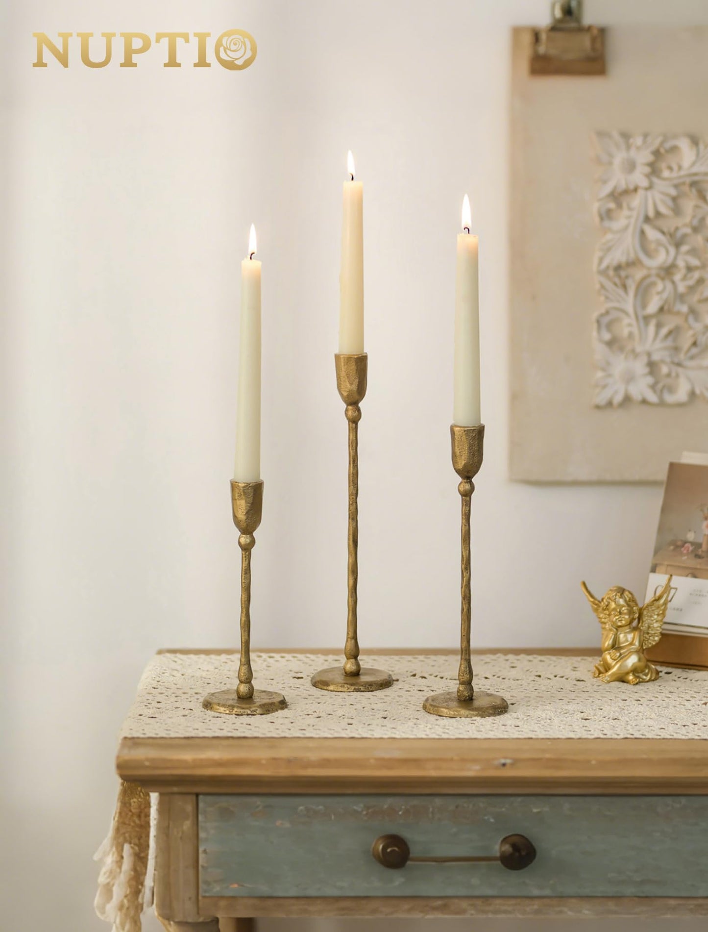 NUPTIO Iron Taper Candle Holders: Antique Brass Candlestick Holder for Thanksgiving Christmas Party - Set of 3 Tall Gold Candles Stick Decor for Fireplace Table Centerpiece