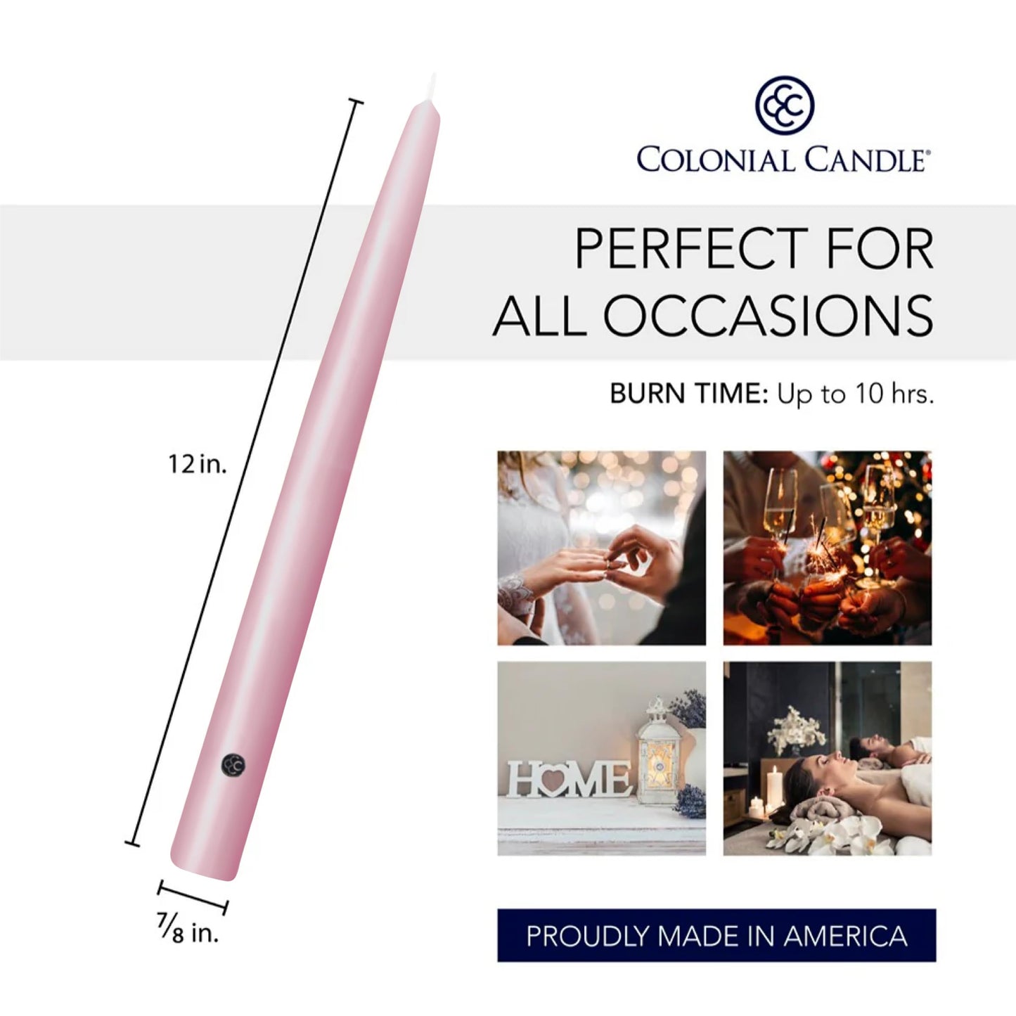 Colonial Candle Unscented Taper Candle, Handipt Collection, Persian Pink, 12 in, Pack of 12 - Up to 10 Hours Burn