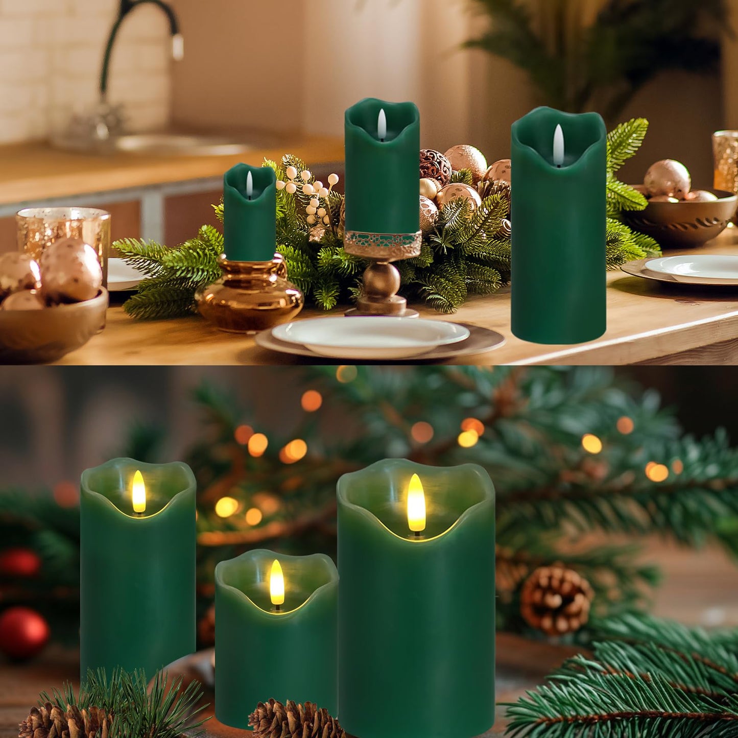 Flickering Flameless Candles, Set of 3 Green LED Candle Light with Remote & Timer, Battery Operated Electric Pillar Candle by Real Wax Dimmable Fake Candles for Home Falll Halloween Decor (Green)