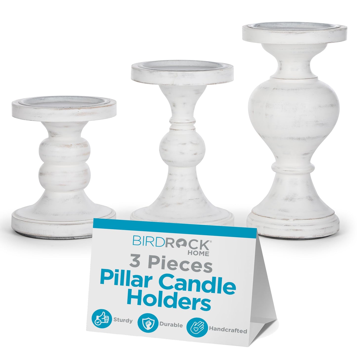 BIRDROCK HOME 3pc Pillar Candleholders - Whitewash - Farmhouse Decor - Wooden Candle Holders - Table Centerpiece - Stand