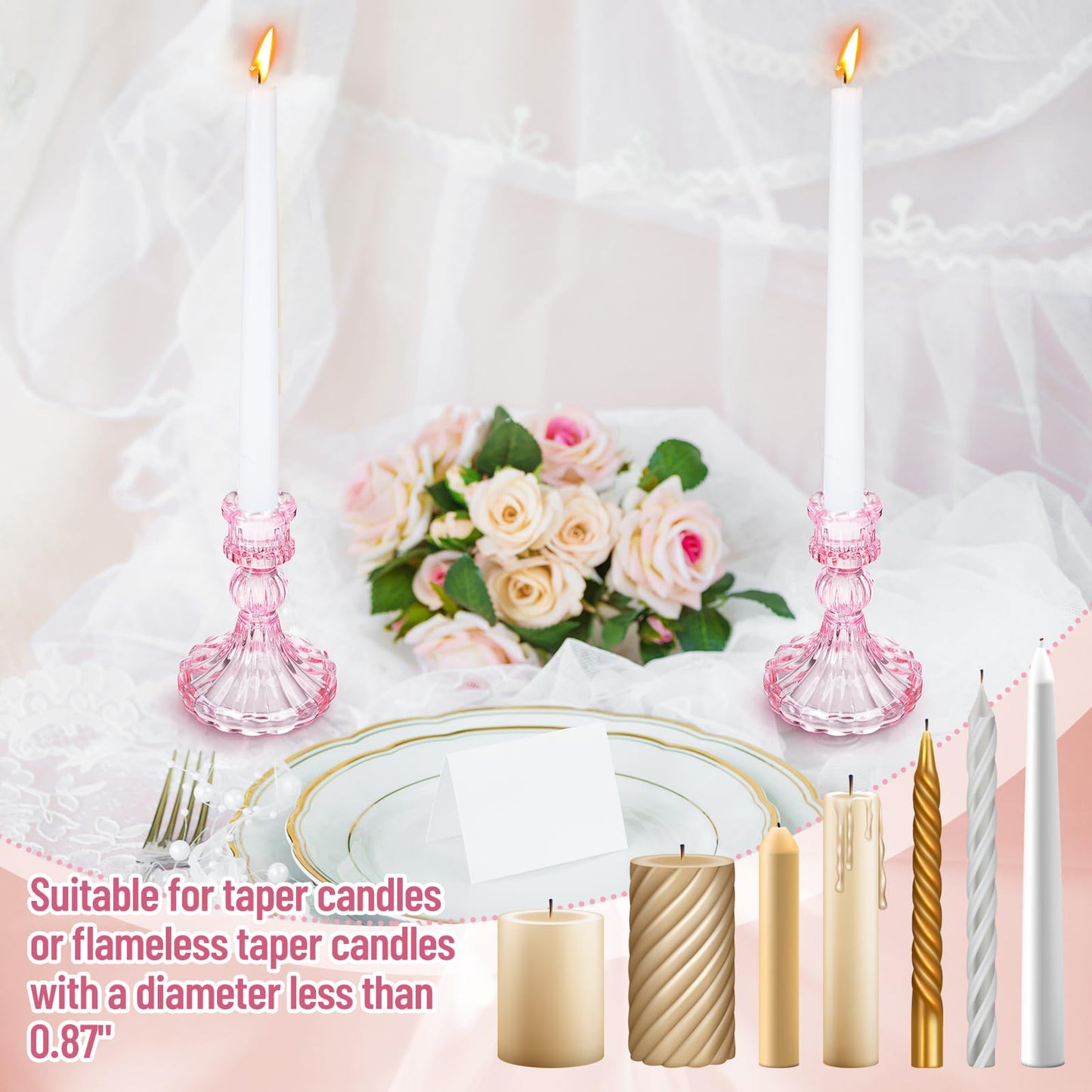 Maxcheck Set of 6 Candlestick Holders Taper Glass Candle Holder Decorative Candle Stand for Wedding Party Table Centerpiece Anniversary Festival Home Decor(Pink)
