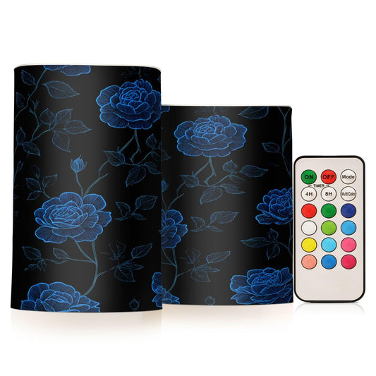 ALAZA Blue Rose Floral Flickering Flameless Candles Battery Operated with Remote Timer,Tea Light Candles LED Pillar Votive Candles Set of 2 for Outdoor Indoor Decorations