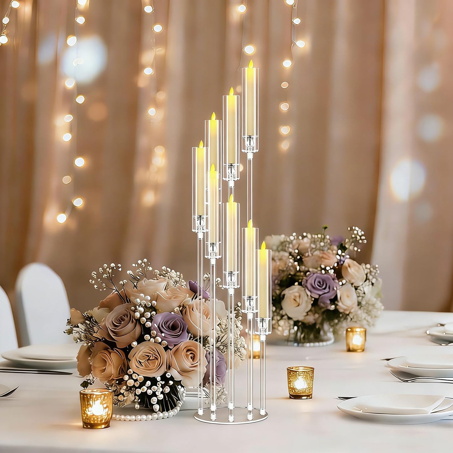4PCS 8 Arms Clear Candelabra Candle Holder for Wedding, Candelabra Centerpieces for Tables Clear Candlesticks Holder for Housewarming Valentine's Day Easter Gift Birthday Party Fireplace Decor